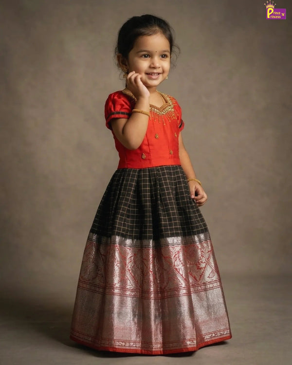 Girls Aari Work Organza Silk Gown Red & Navy Blue | Clearance Sale PG252 - Prince N Princess