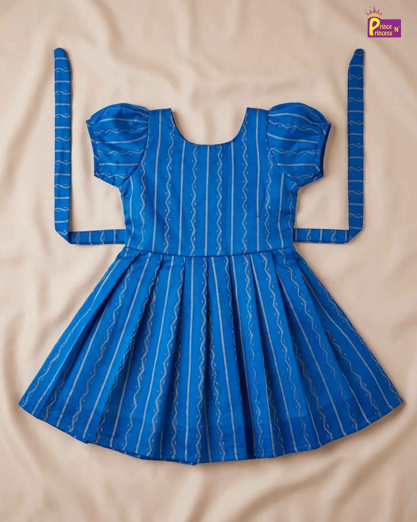 Girls Blue Striped Cotton Frock – Puff Sleeve Everyday Dress CF429 for kids festival wear