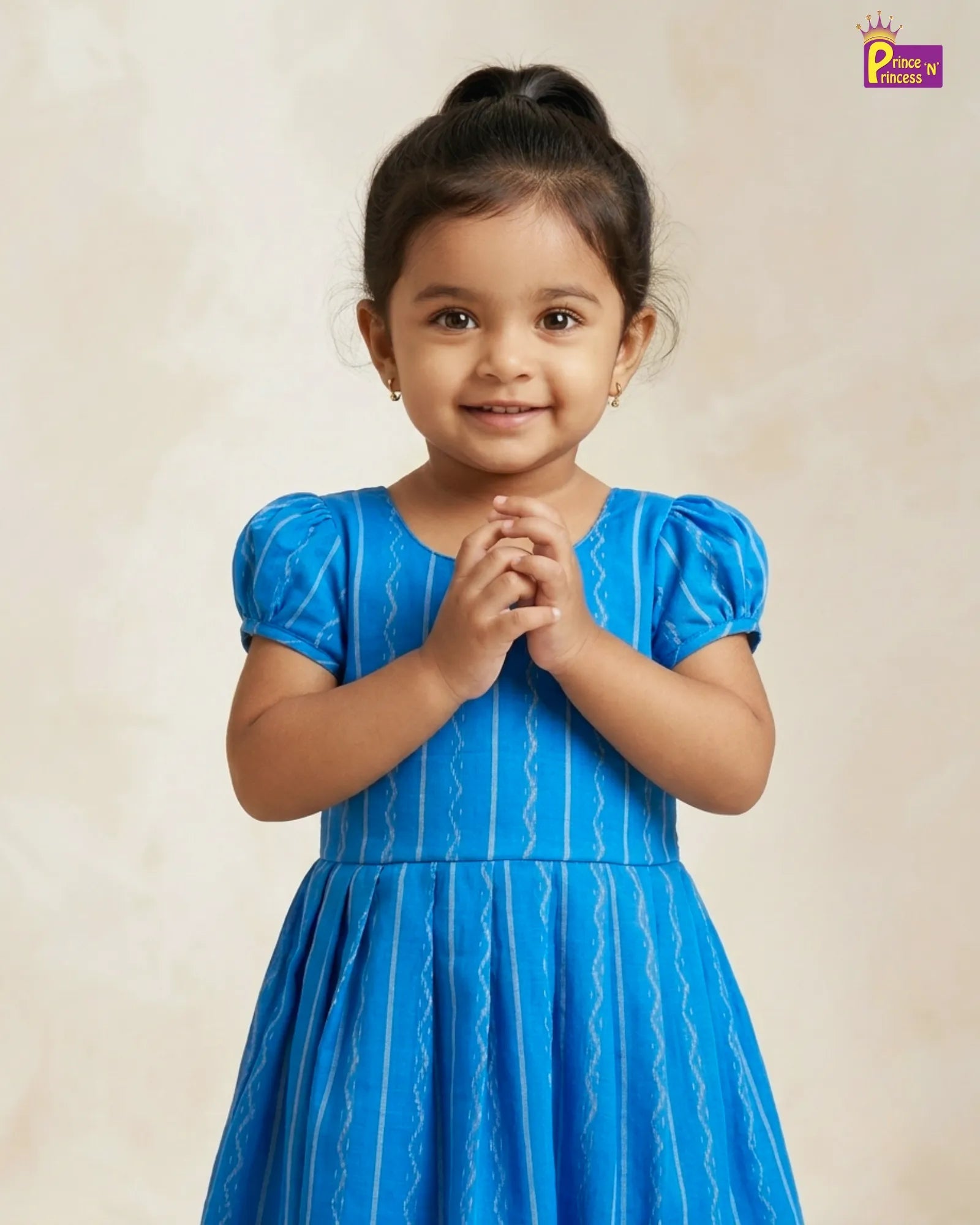 Girls Blue Striped Cotton Frock – Puff Sleeve Everyday Dress CF429 for kids festival wear