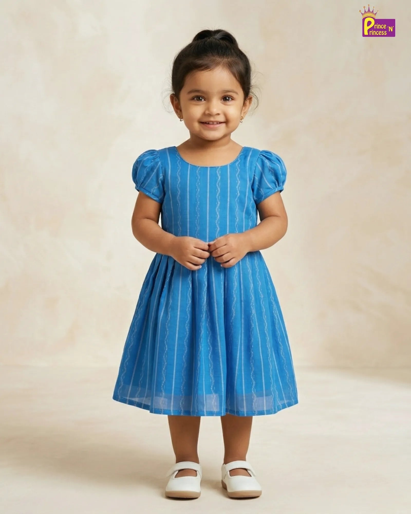 Girls Blue Striped Cotton Frock – Puff Sleeve Everyday Dress CF429 for kids festival wear