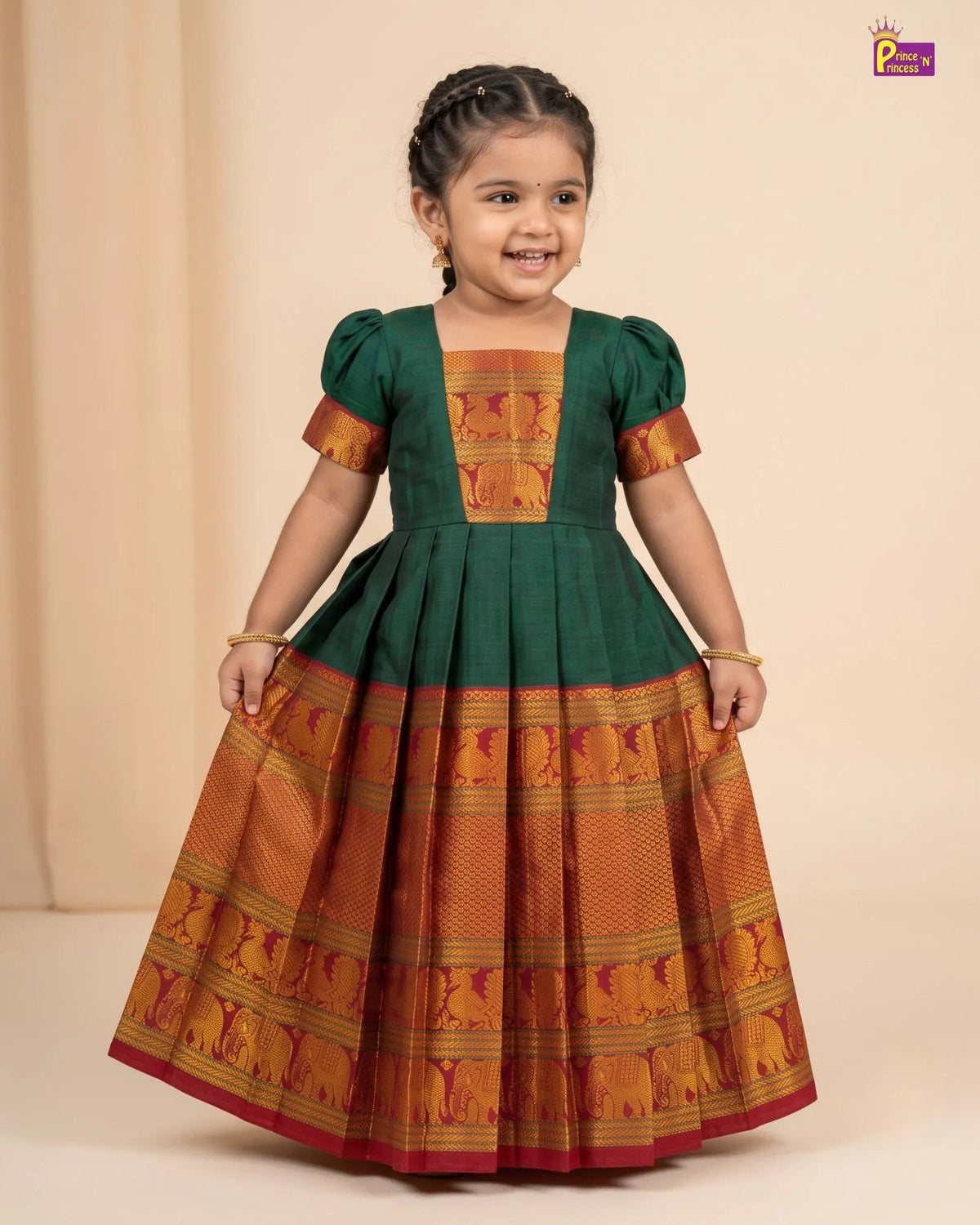 Girls Bottle Green Kalyani Cotton Gown - PG747 for kids festival wear