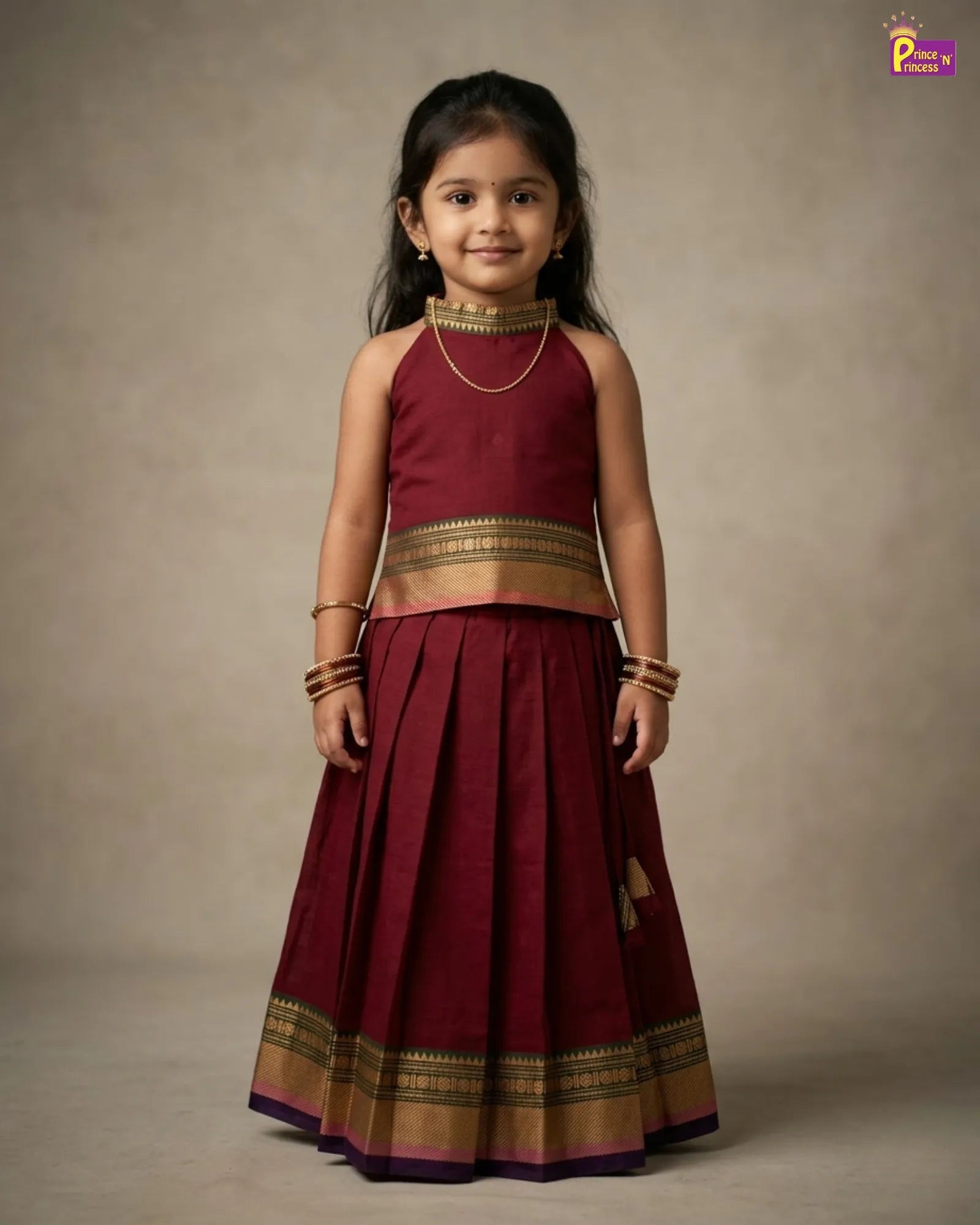 Girls brown Chettinad cotton lehenga choli pavadai skirt set with halter neck blouse