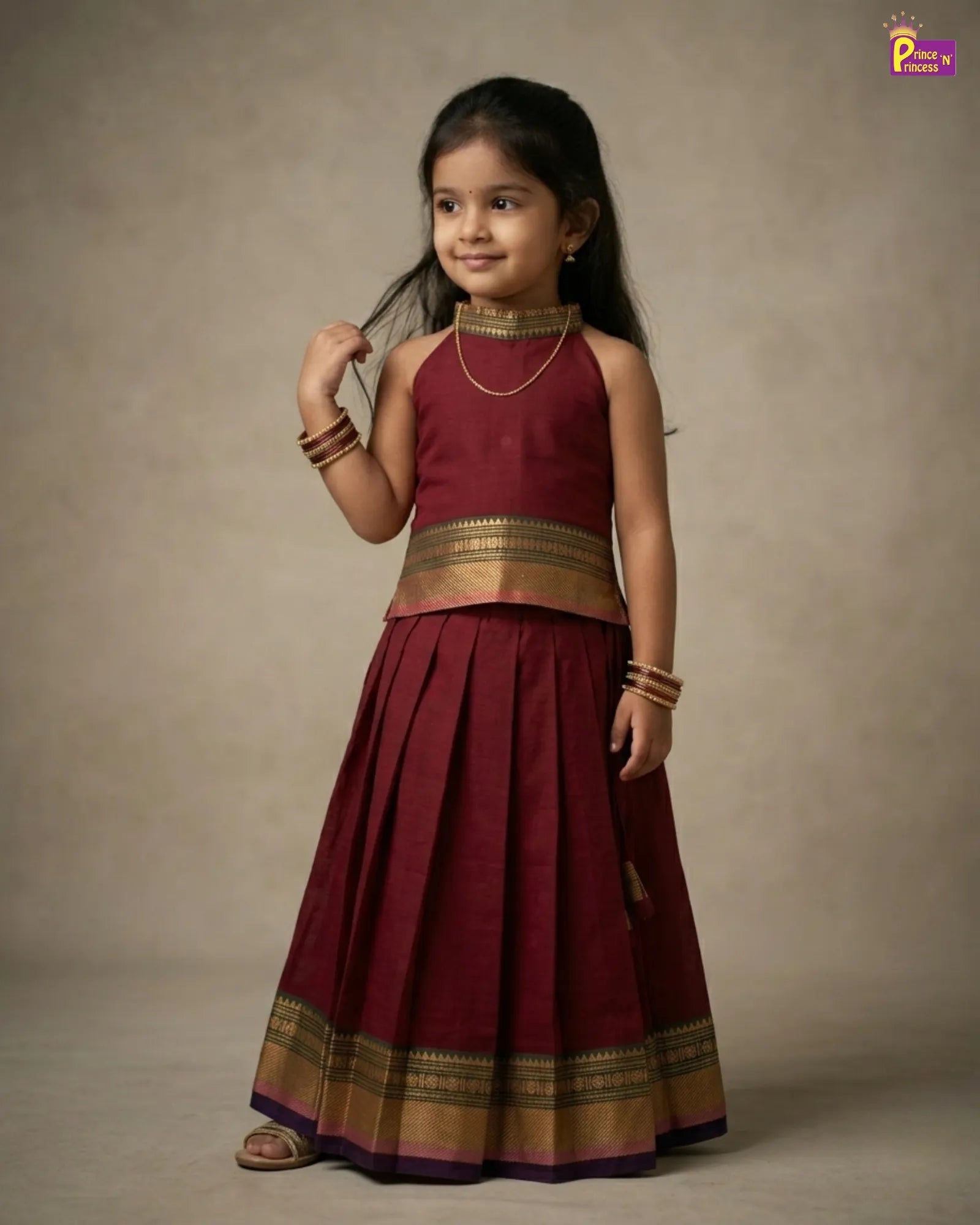Girls brown Chettinad cotton lehenga choli pavadai skirt set with halter neck blouse