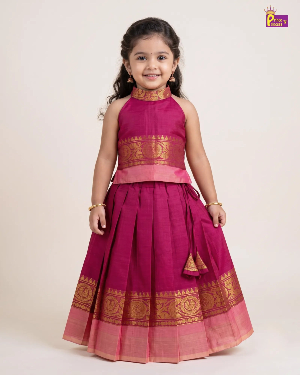 Girls Chettinad Cotton Halter Neck Pattu Pavadai Set - Gold Zari Border PPP2172 for kids festival wear