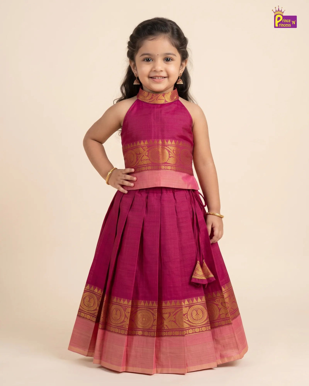 Girls Chettinad Cotton Halter Neck Pattu Pavadai Set - Gold Zari Border PPP2172 for kids festival wear