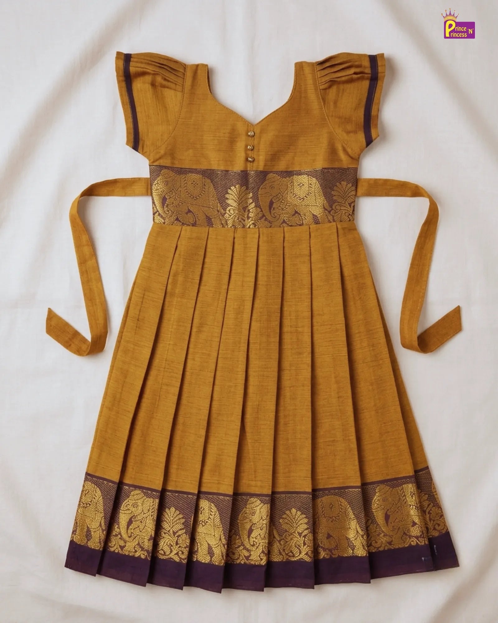 Girls Chettinad Pattu Gown – Mustard Gold Cotton Floor-Length Dress with Purple Elephant Zari Border PG719 for kids festival wear