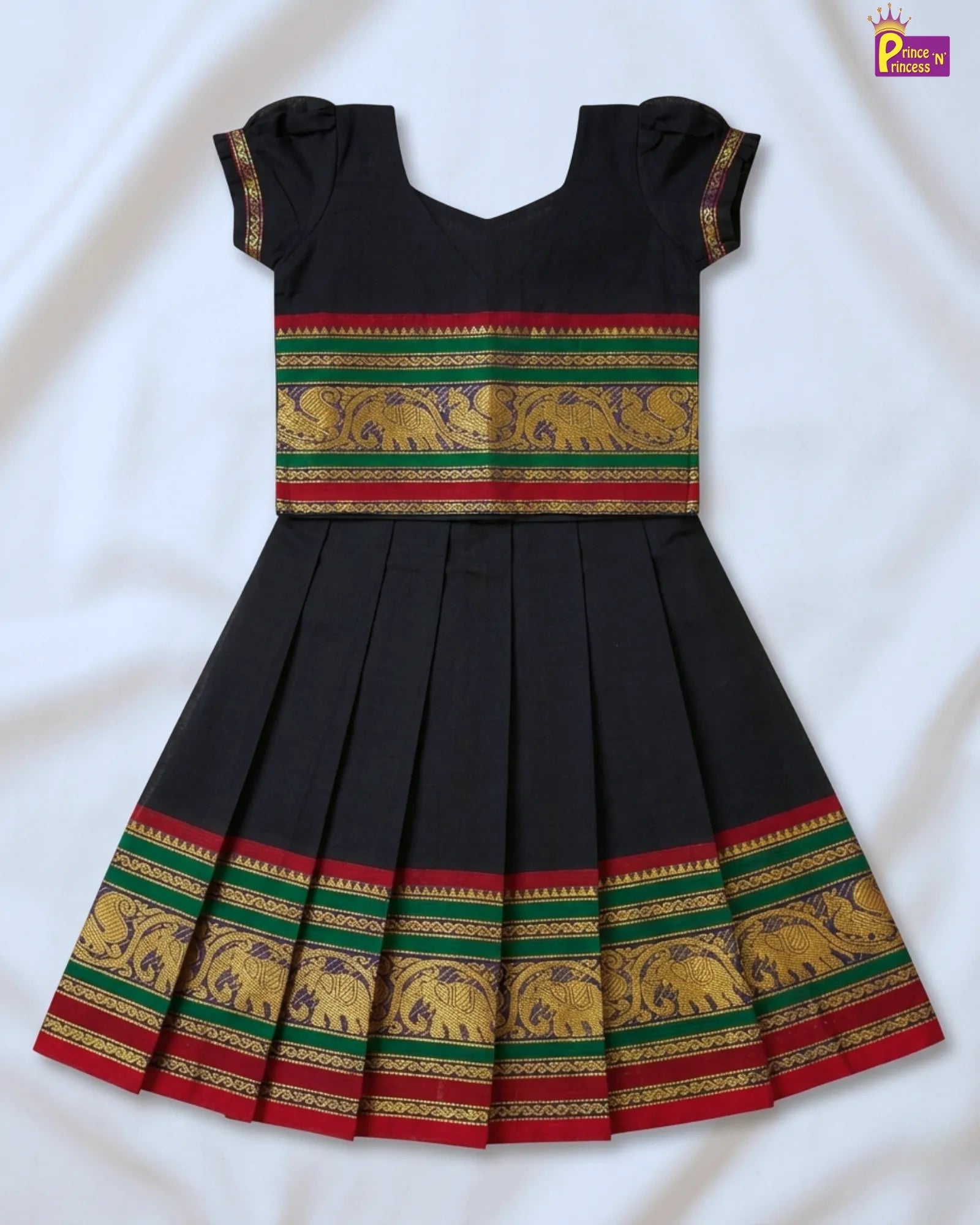 Black dress with colorful elephant pattern on a white background