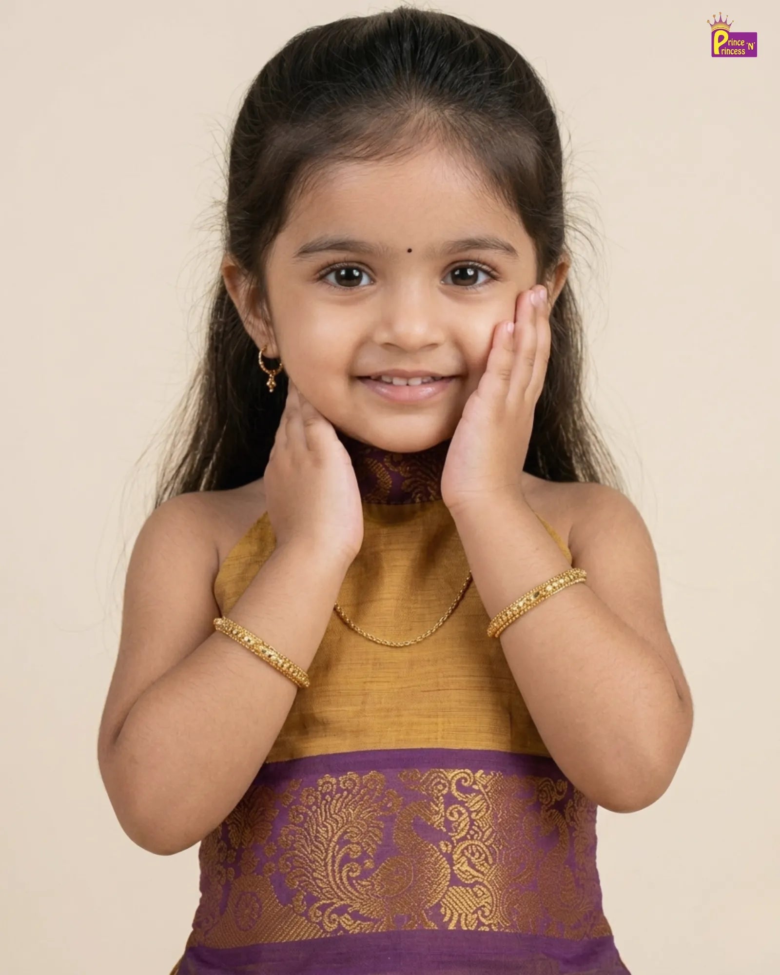 Young girl in a traditional outfit with a plain background