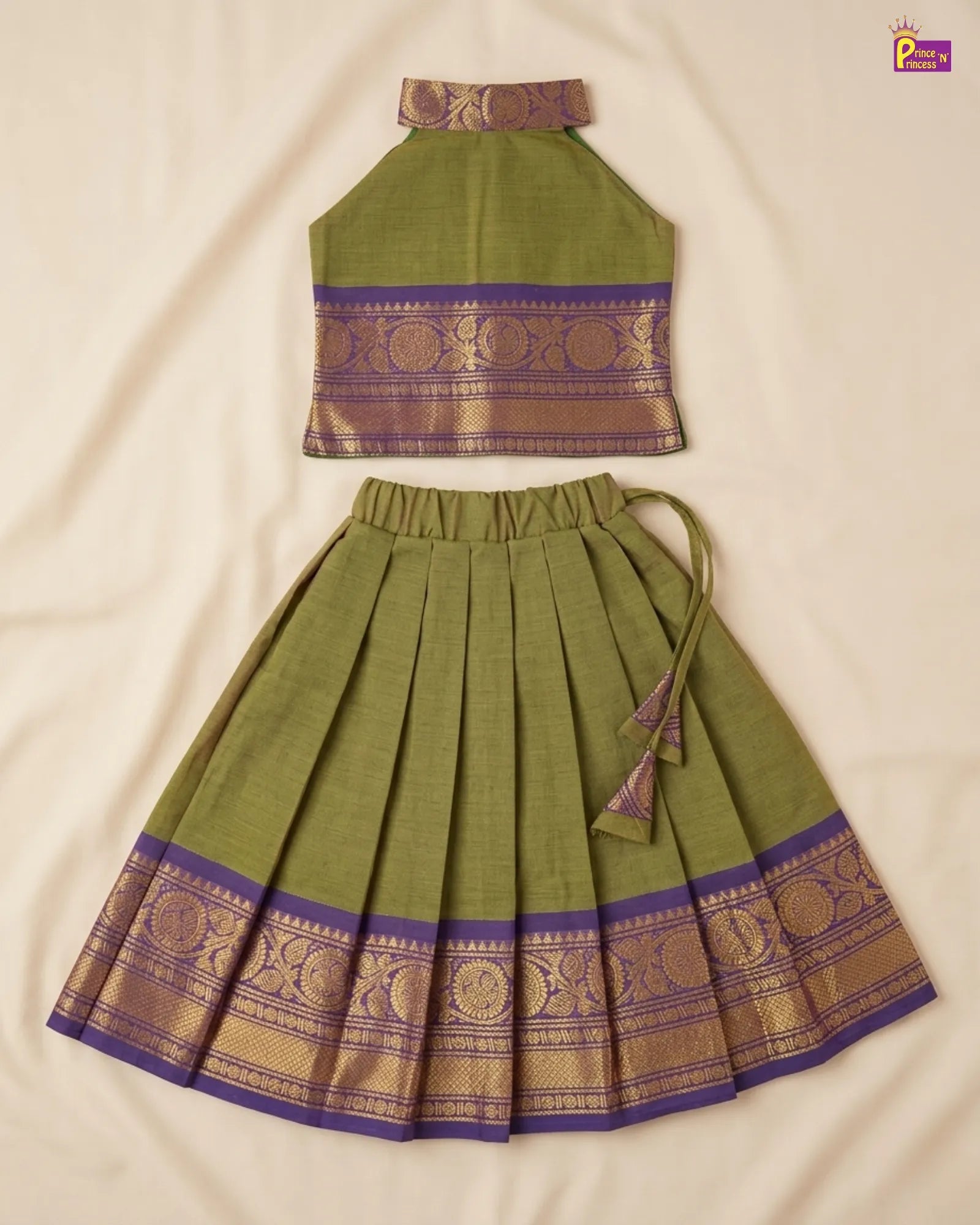 Girls Chettinad Pattu Pavadai – Olive Green Cotton Halter Set PPP2082 for kids festival wear