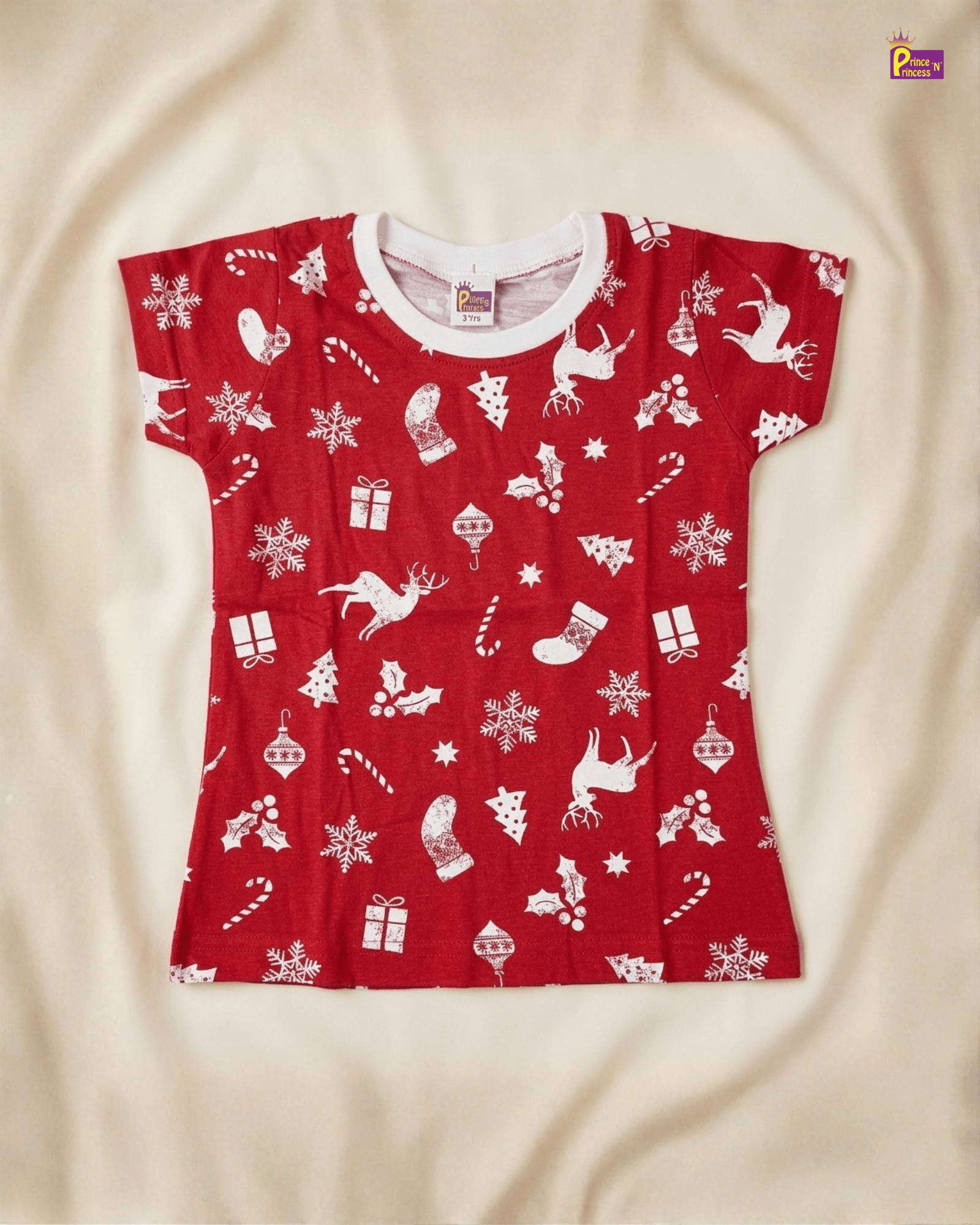 Girls Cotton Christmas Printed T-Shirt in Red GTS027 for kids festival wear