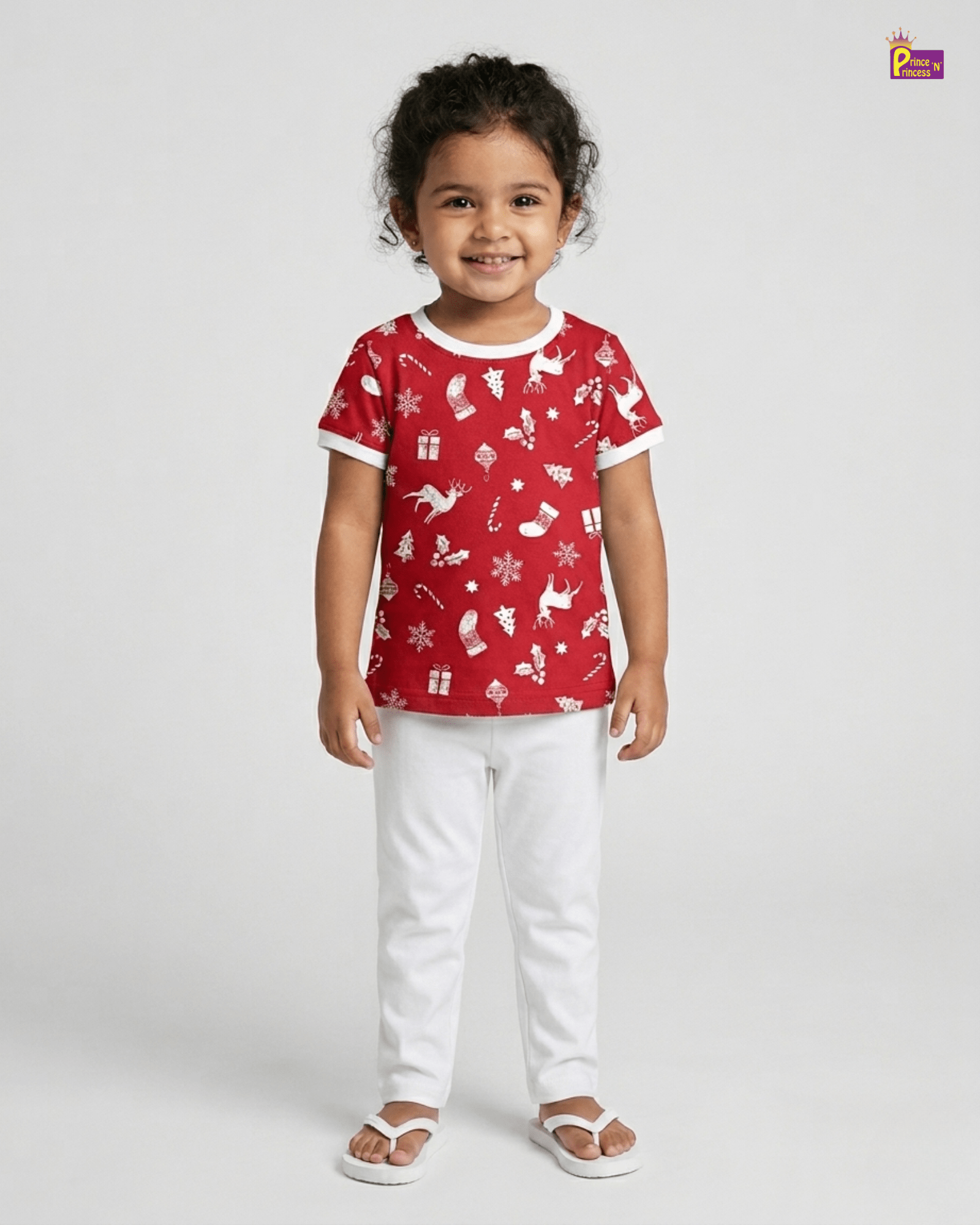 Girls Cotton Christmas Printed T-Shirt in Red GTS027 for kids festival wear