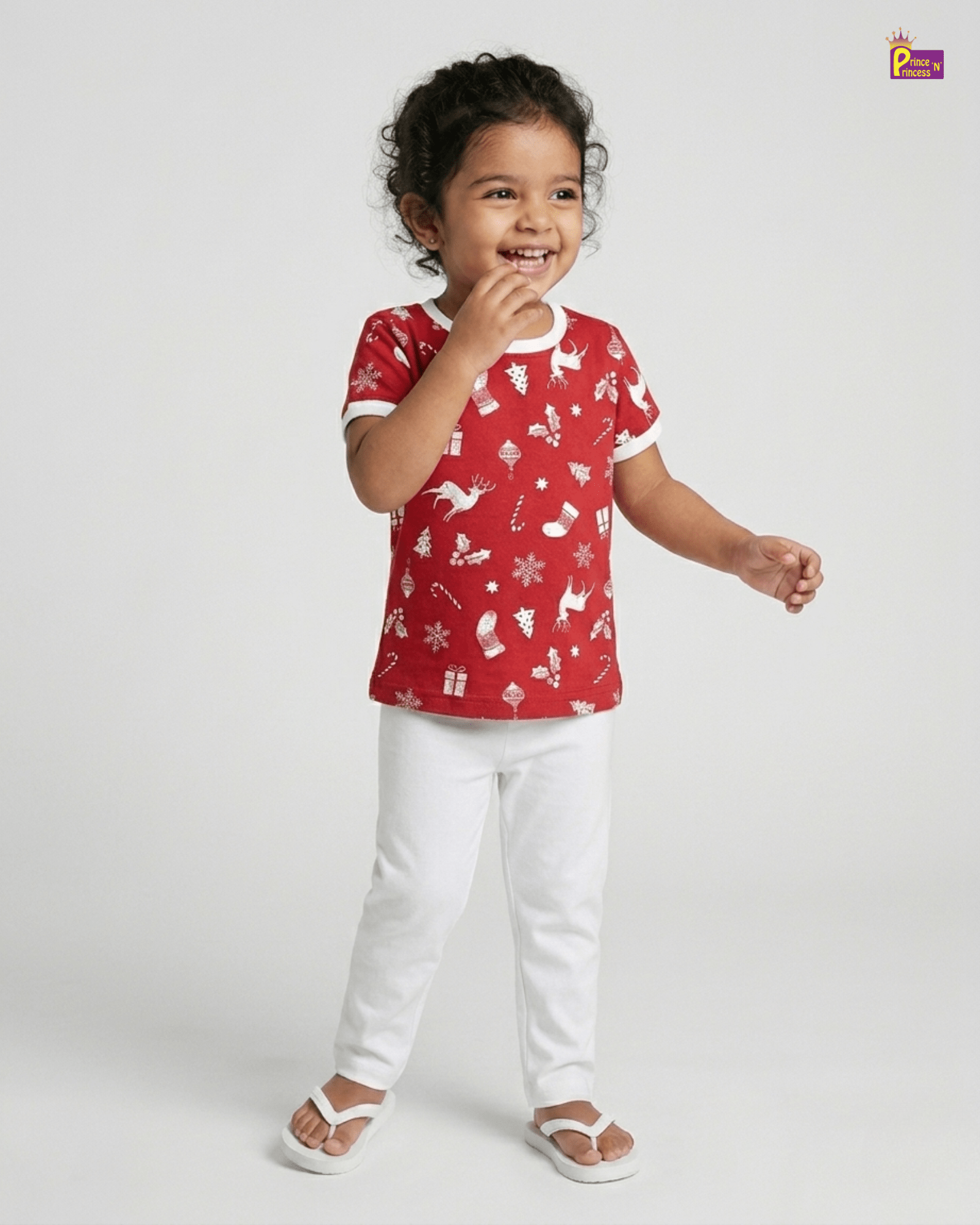 Girls Cotton Christmas Printed T-Shirt in Red GTS027 for kids festival wear
