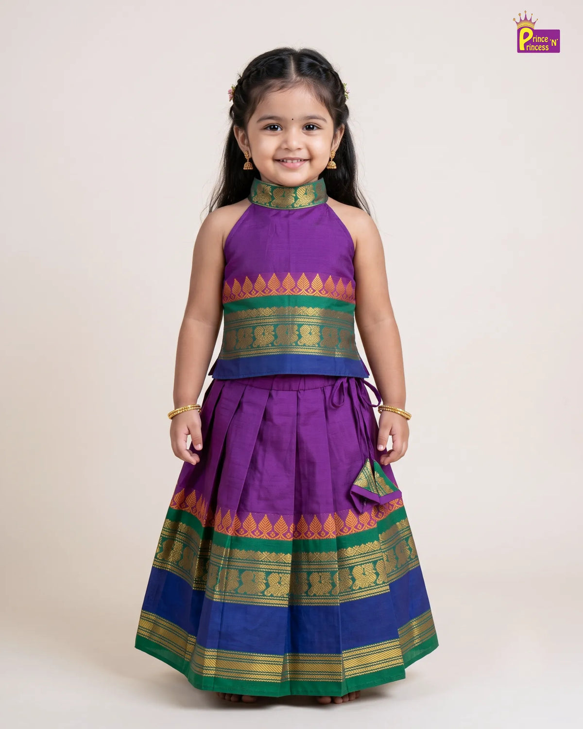 Girls Cotton Halter Neck Pattu Pavadai Set - Purple Green Blue Border PPP2170 for kids festival wear