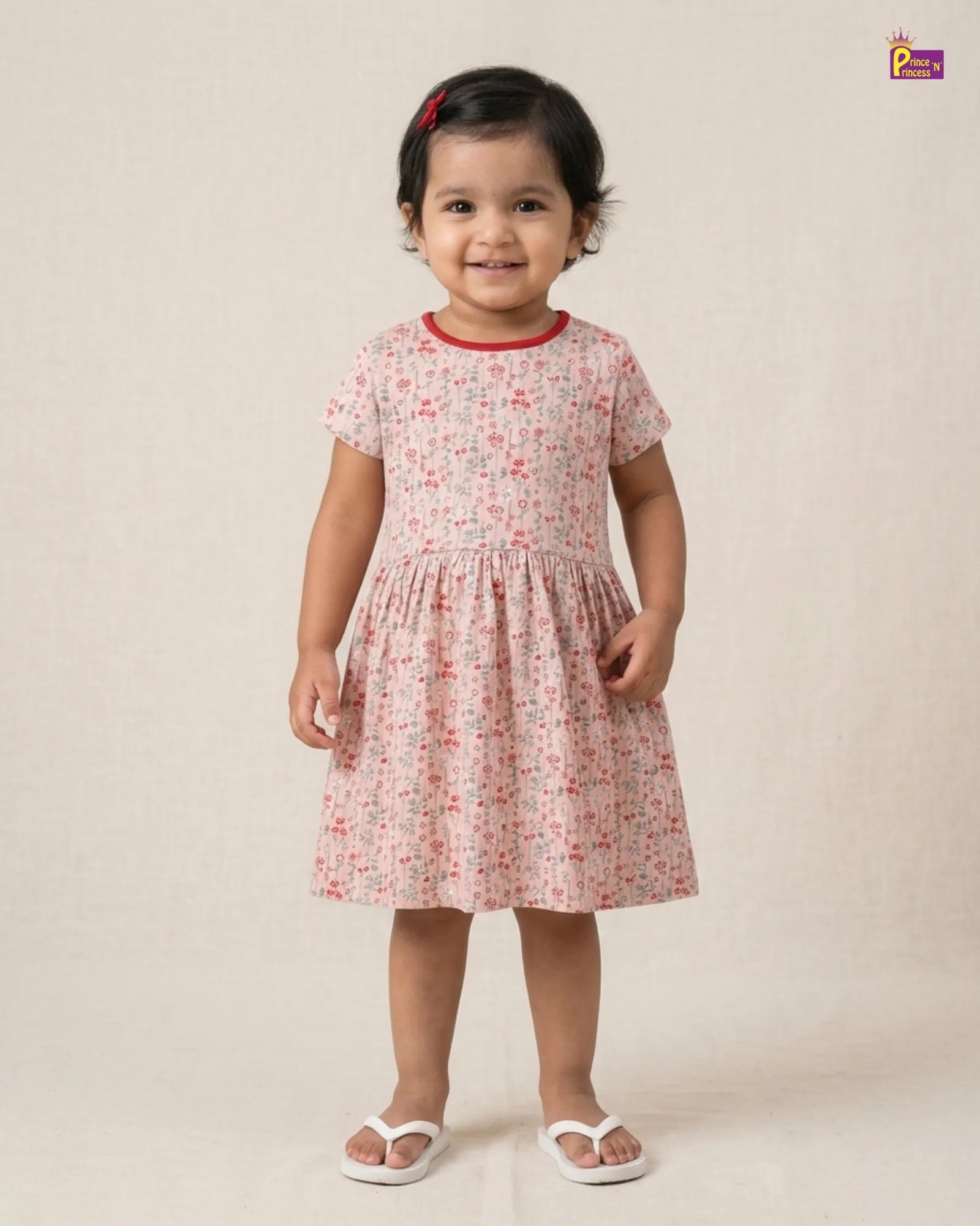 Girls Cotton Knitted Frock in Baby Pink Printed KF017 for kids festival wear