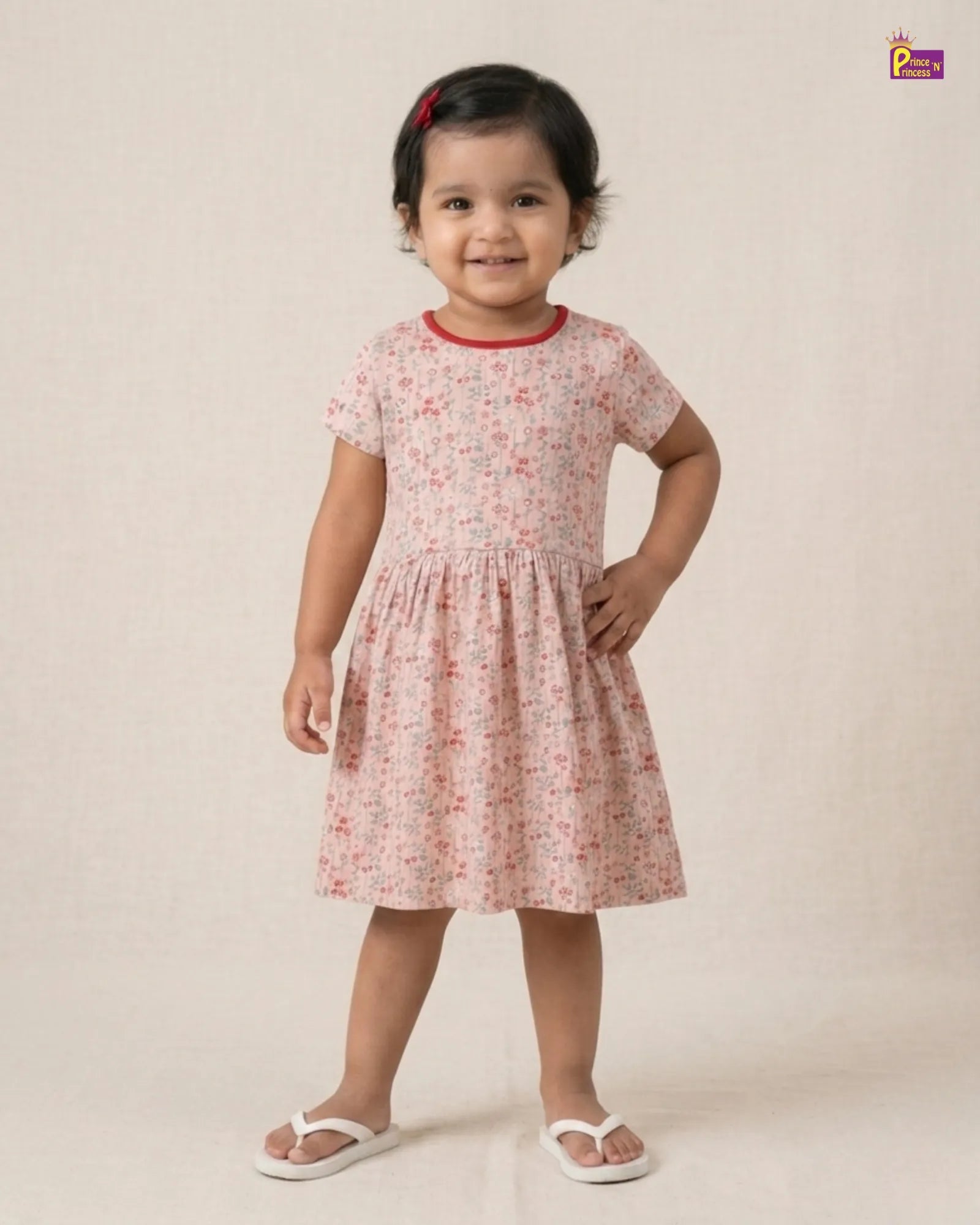 Girls Cotton Knitted Frock in Baby Pink Printed KF017 for kids festival wear