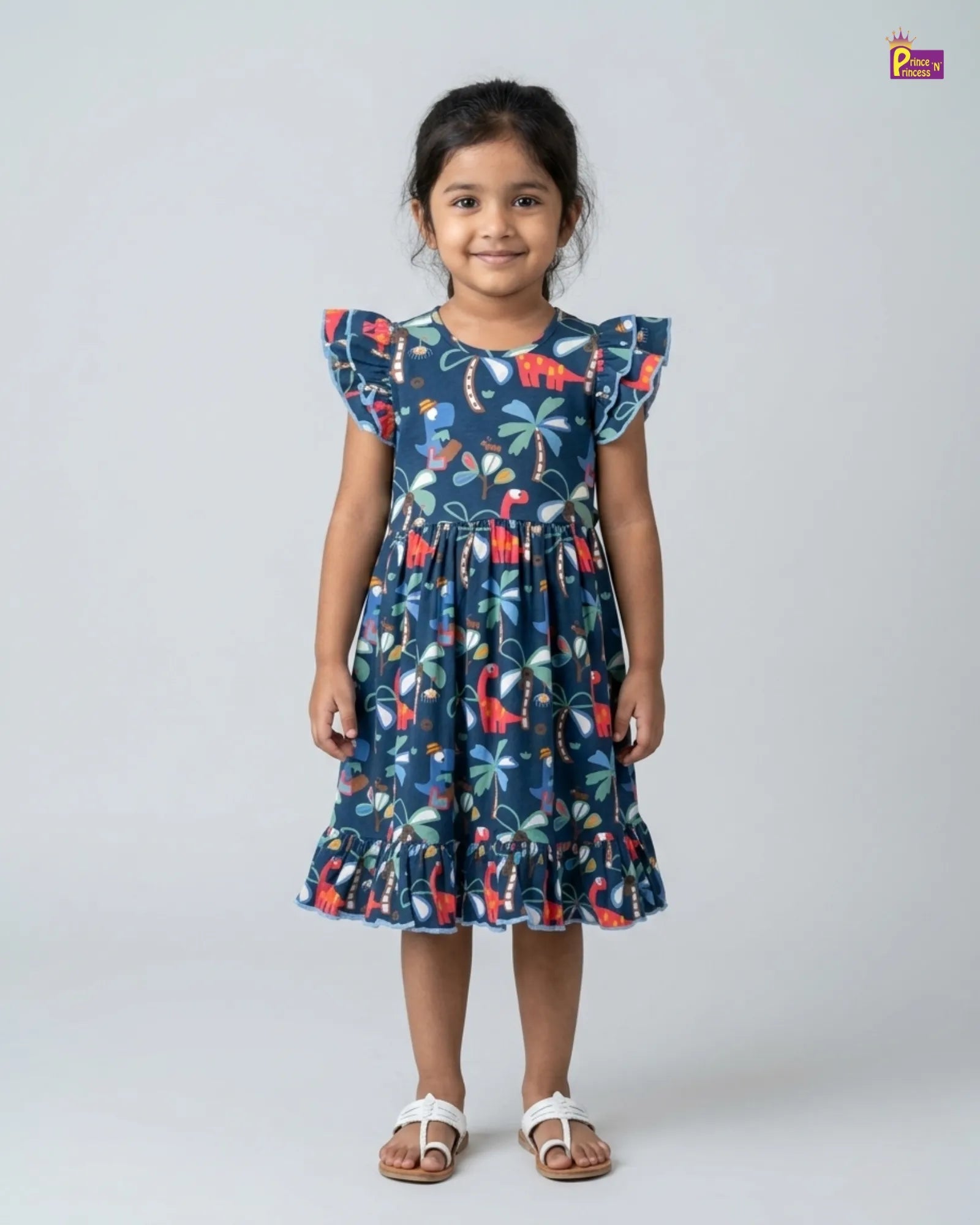 Girls Cotton Knitted Frock in Blue Printed KF037 for kids festival wear