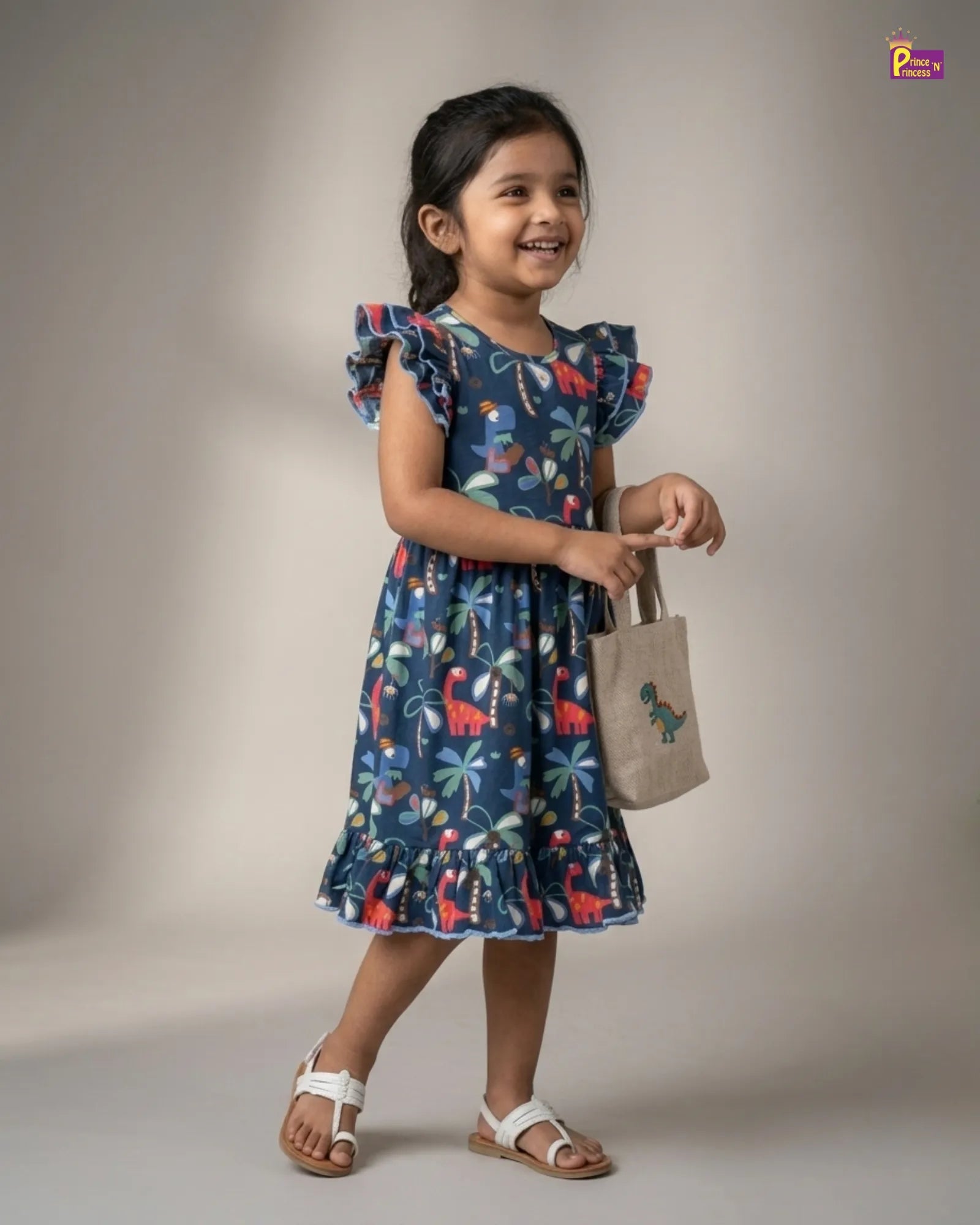 Girls Cotton Knitted Frock in Blue Printed KF037 for kids festival wear