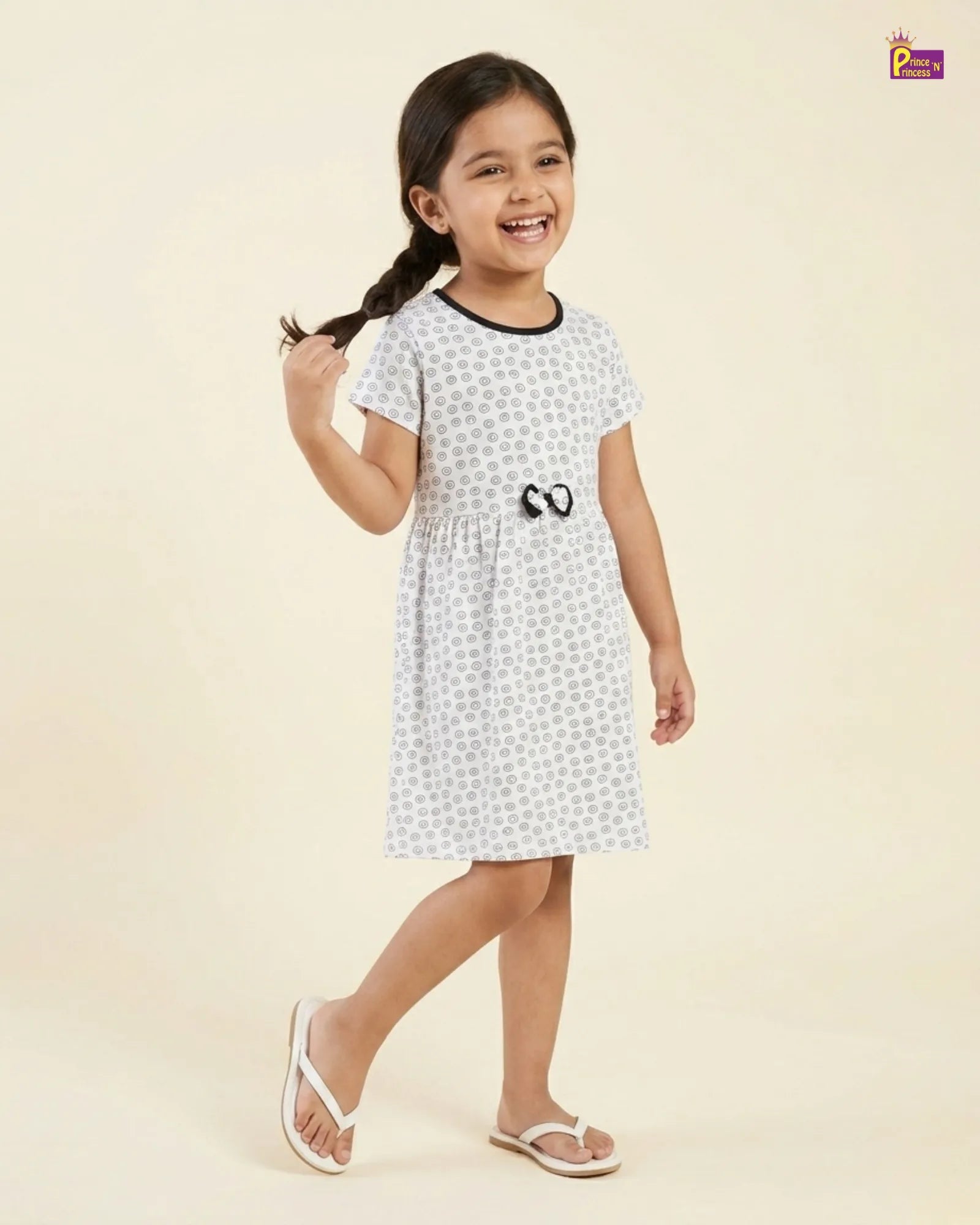 Girls Cotton Knitted Frock in White Printed KF013 for kids festival wear