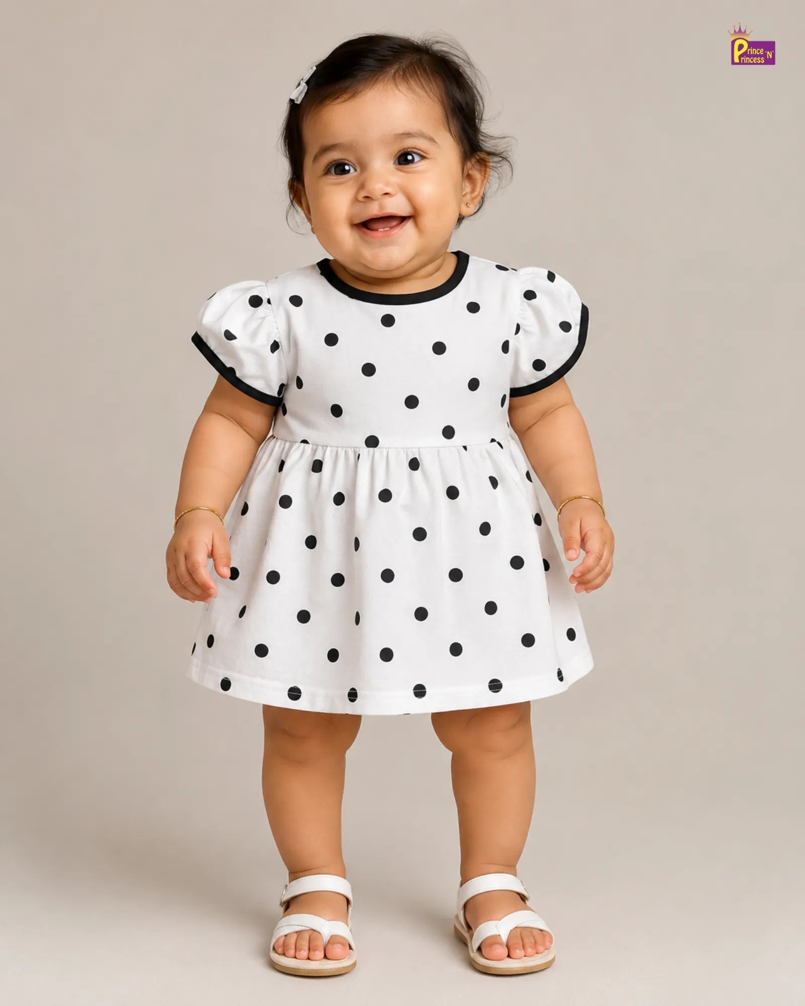 Girls Cotton Knitted Frock in White with Black Dots KF015 for kids festival wear