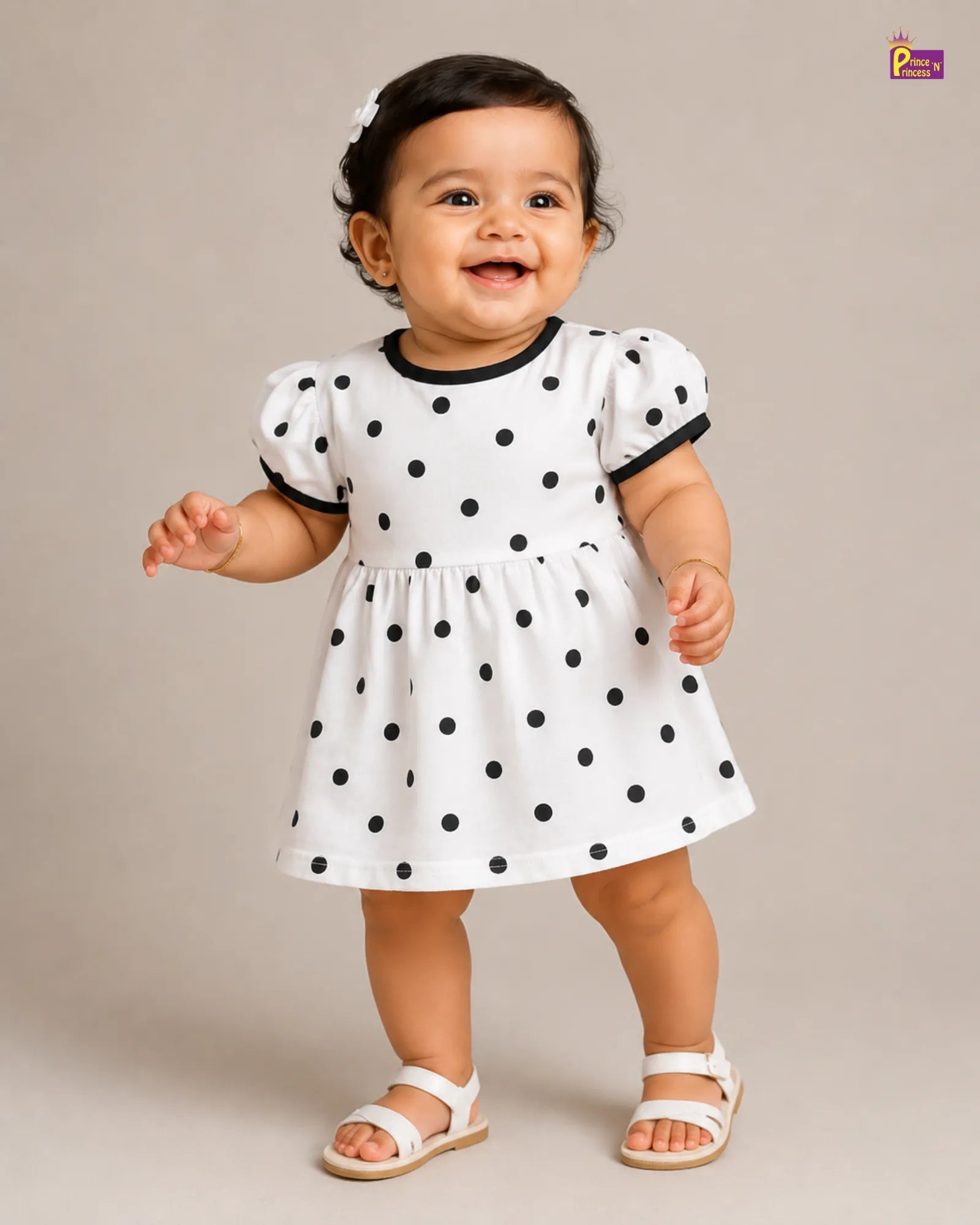 Girls Cotton Knitted Frock in White with Black Dots KF015 for kids festival wear
