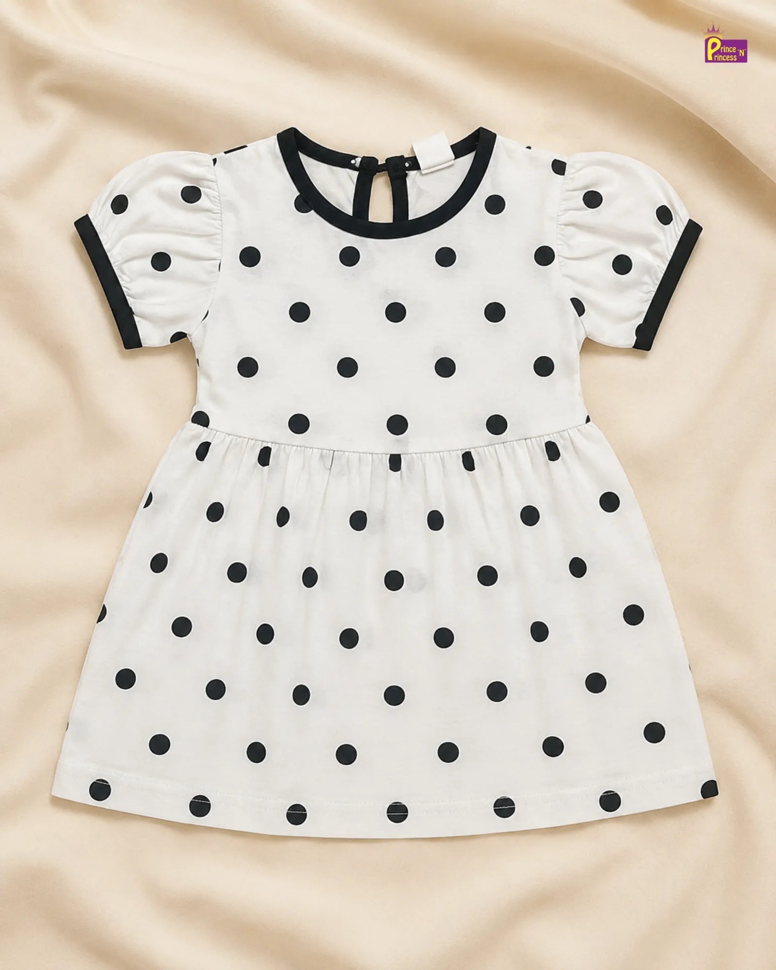 Girls Cotton Knitted Frock in White with Black Dots KF015 for kids festival wear