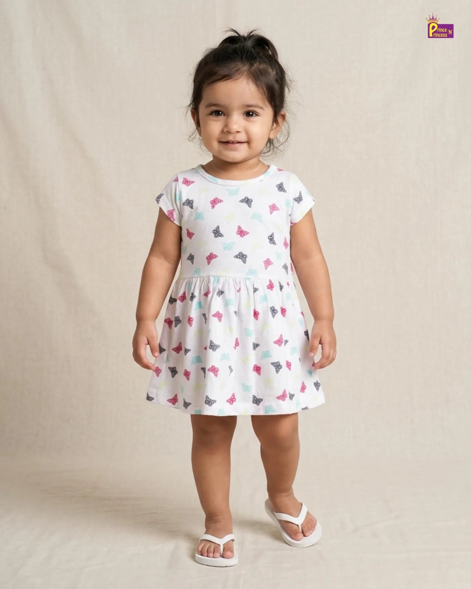 Girls Cotton Knitted Frock in White with Butterfly Printed KF027 for kids festival wear