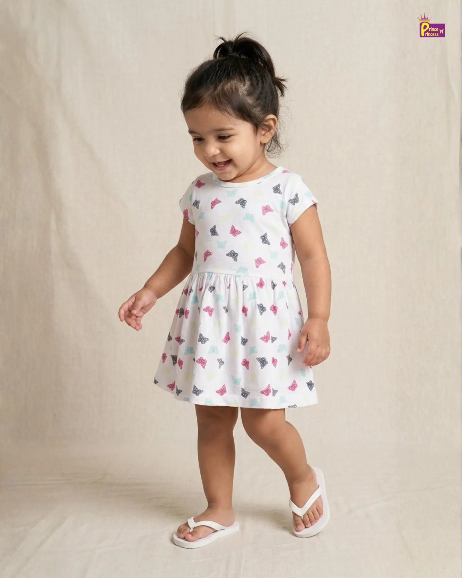 Girls Cotton Knitted Frock in White with Butterfly Printed KF027 for kids festival wear