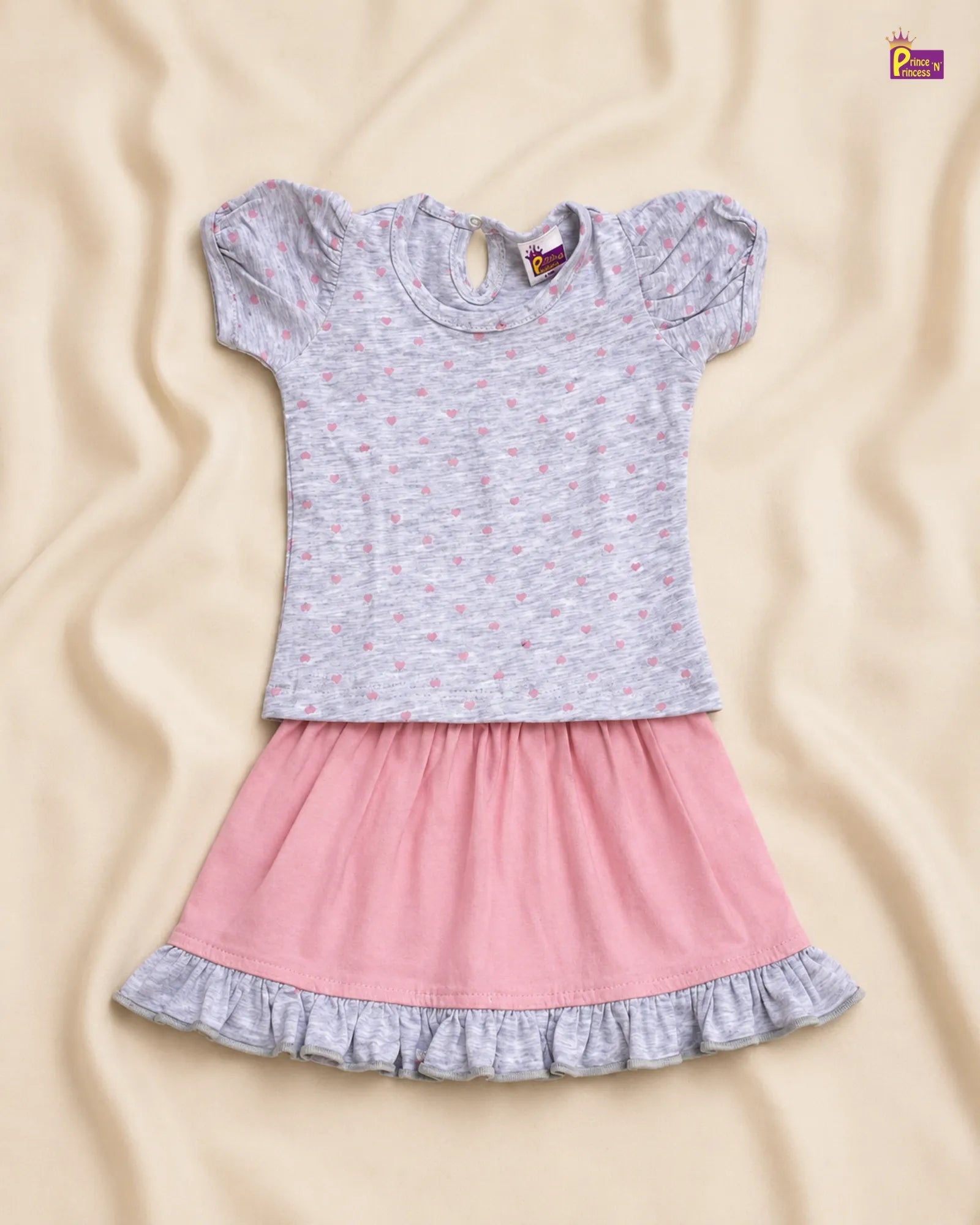 Girls Cotton Printed T-Shirt & Skirt in Grey with Pink GTS043 for kids festival wear