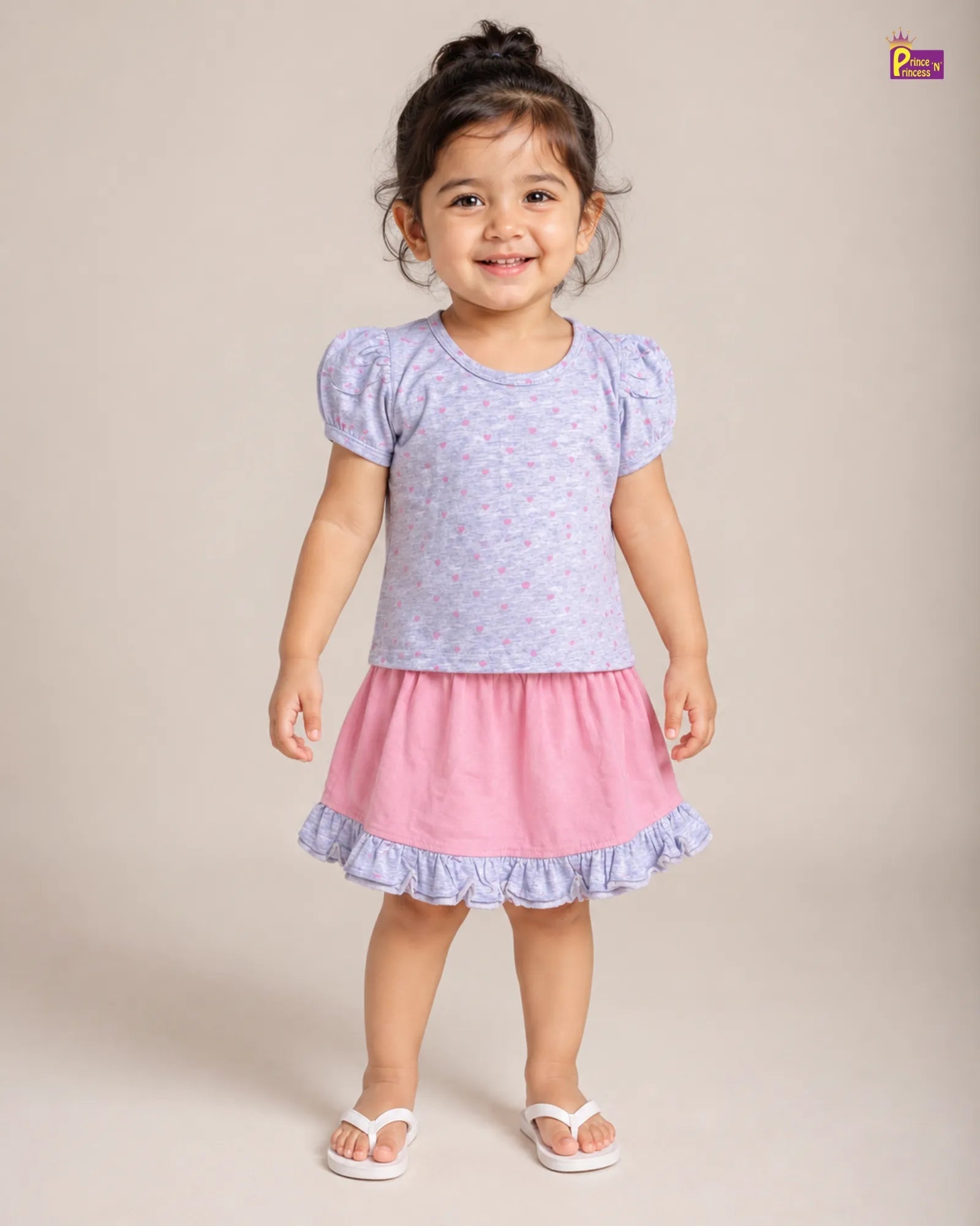 Girls Cotton Printed T-Shirt & Skirt in Grey with Pink GTS043 for kids festival wear