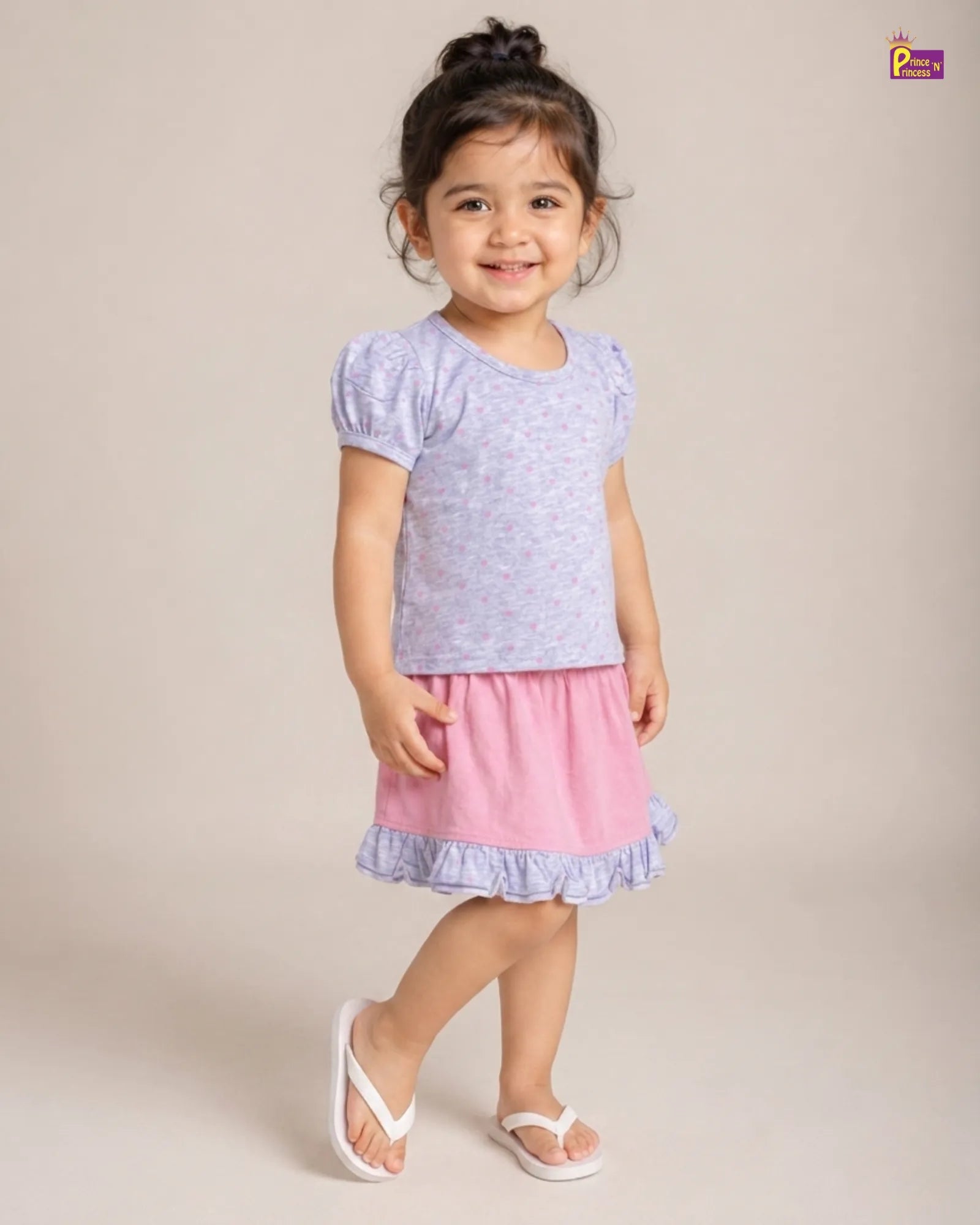Girls Cotton Printed T-Shirt & Skirt in Grey with Pink GTS043 for kids festival wear