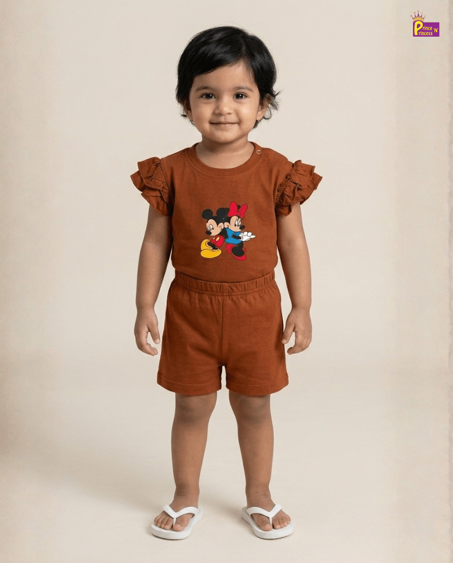 Girls Cotton Printed TShirt in Brown GTS081 for kids festival wear