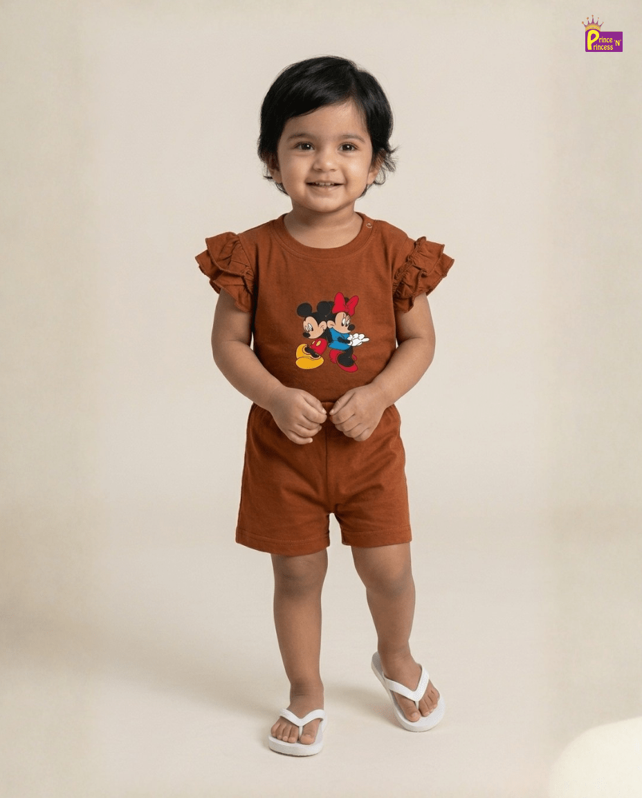Girls Cotton Printed TShirt in Brown GTS081 for kids festival wear