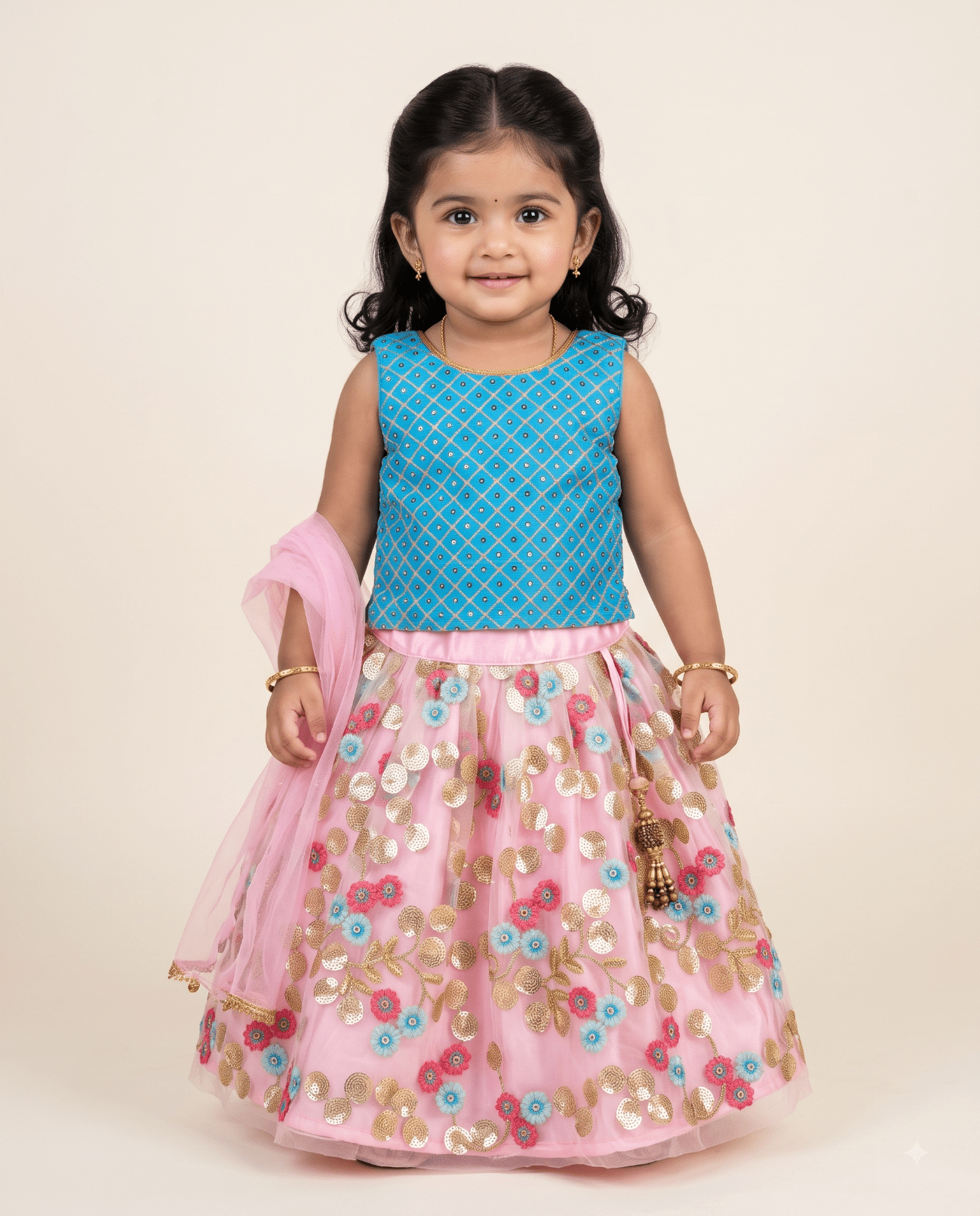 Girls' Embroidered Lehenga Choli Set in Blue and Pink for kids festival wear