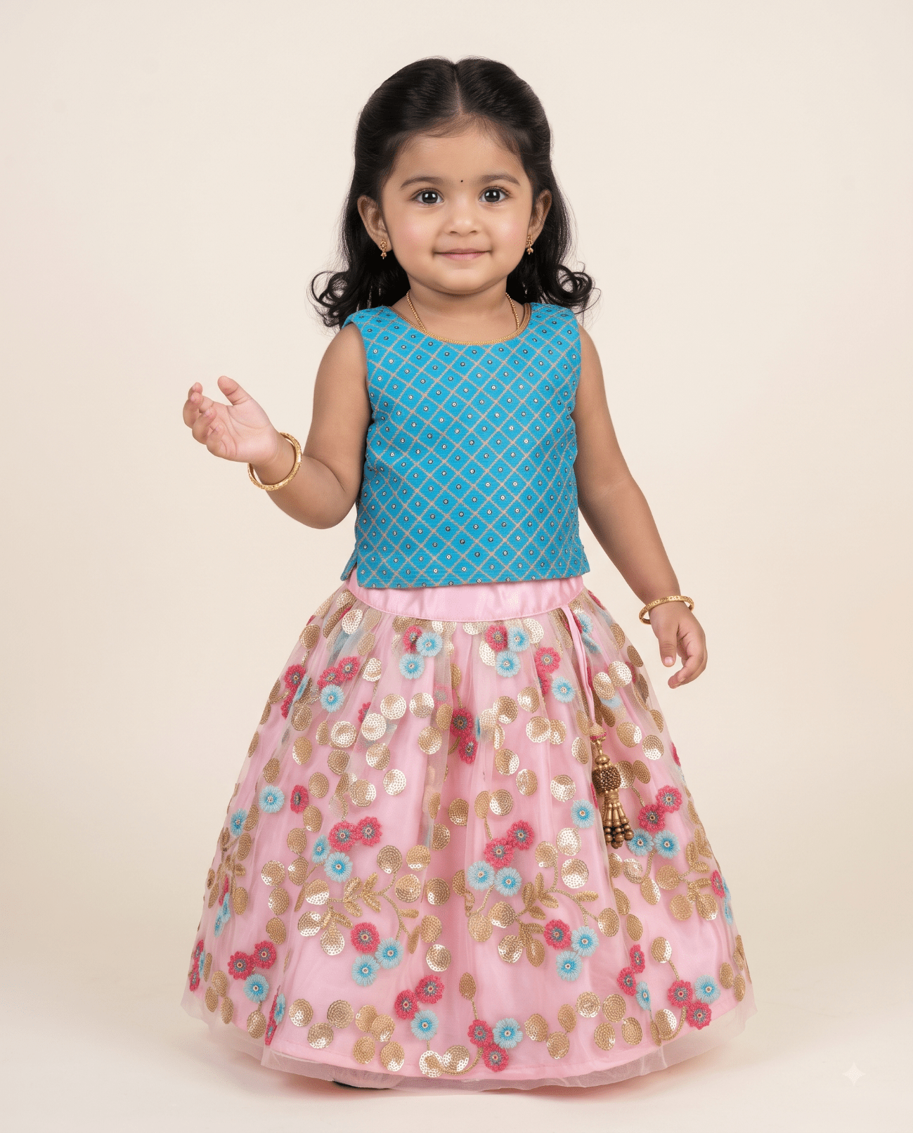 Girls' Embroidered Lehenga Choli Set in Blue and Pink for kids festival wear