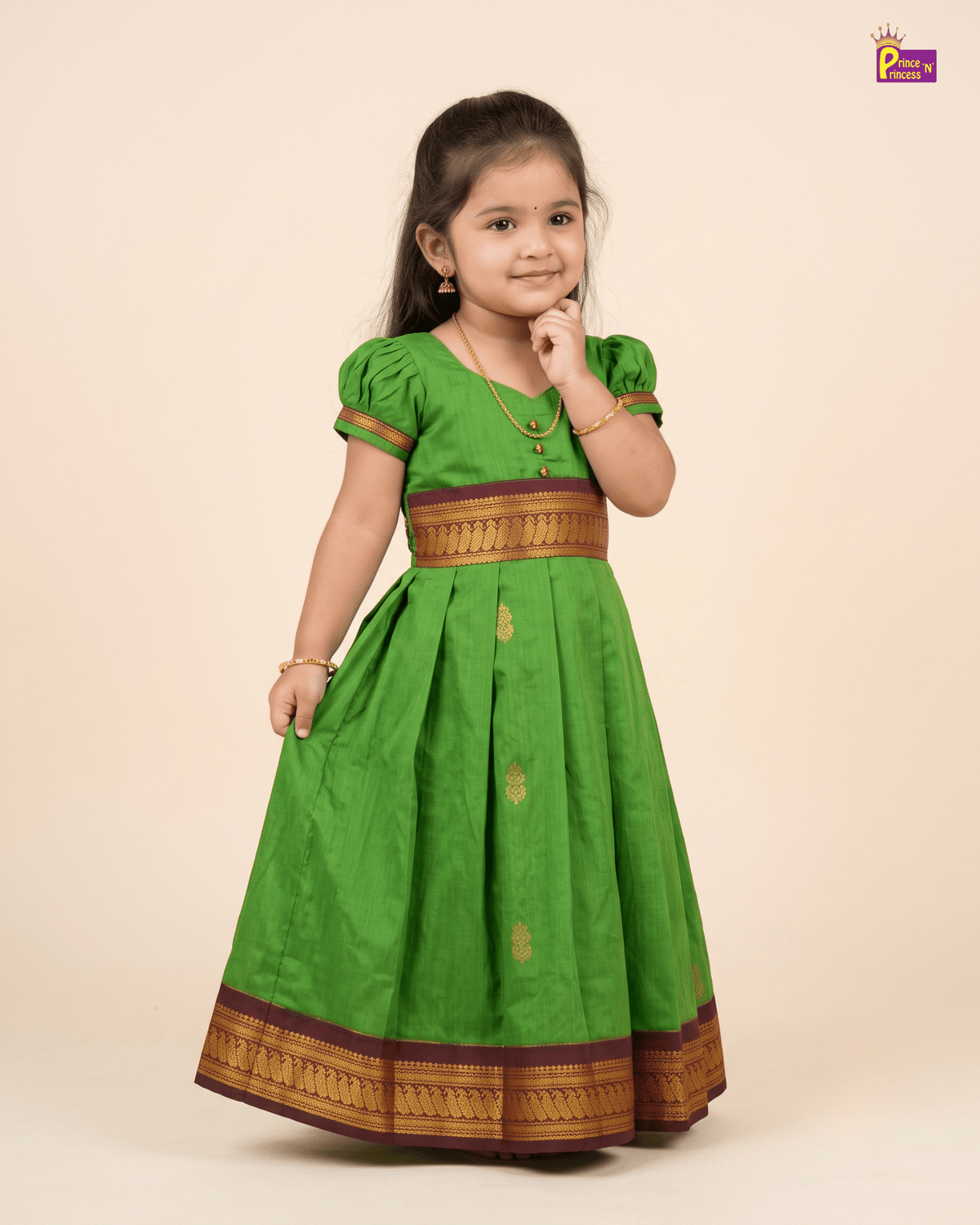 Girls Green Kalyani Cotton Traditional Gown with Zari Border PG743 for kids festival wear
