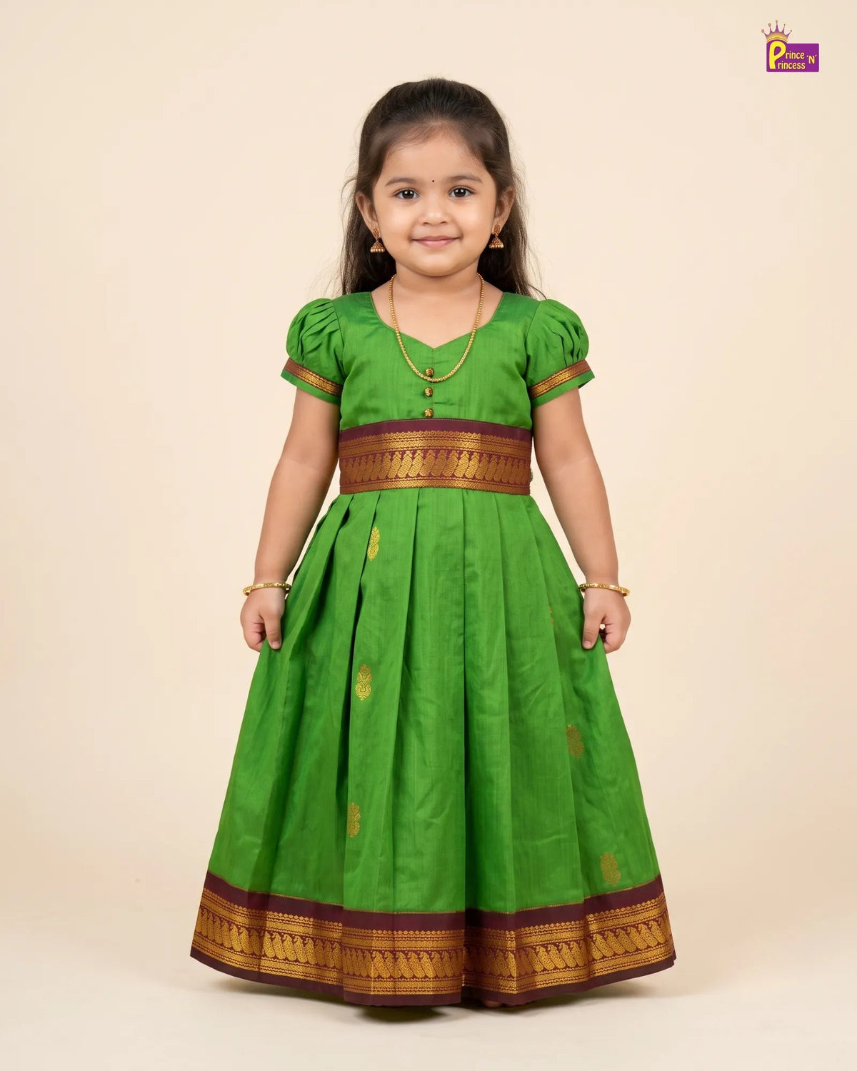 Girls Green Kalyani Cotton Traditional Gown with Zari Border PG743 for kids festival wear