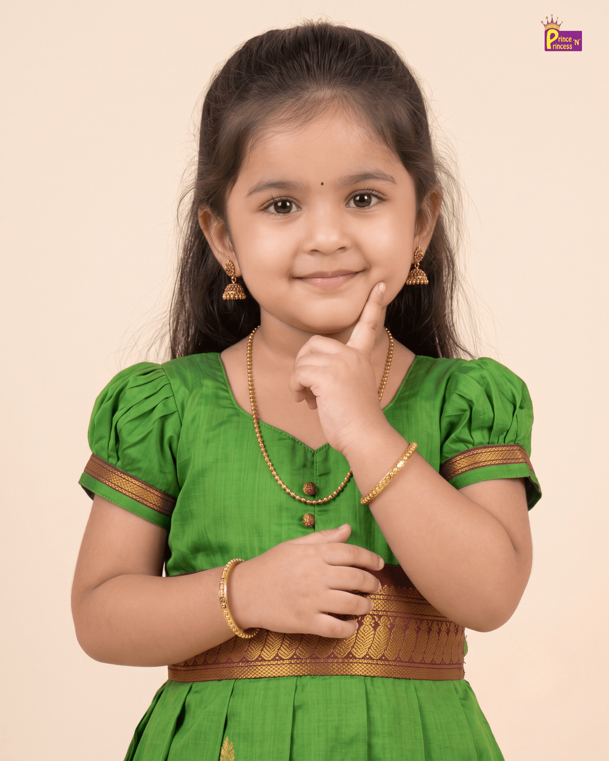 Girls Green Kalyani Cotton Traditional Gown with Zari Border PG743 for kids festival wear