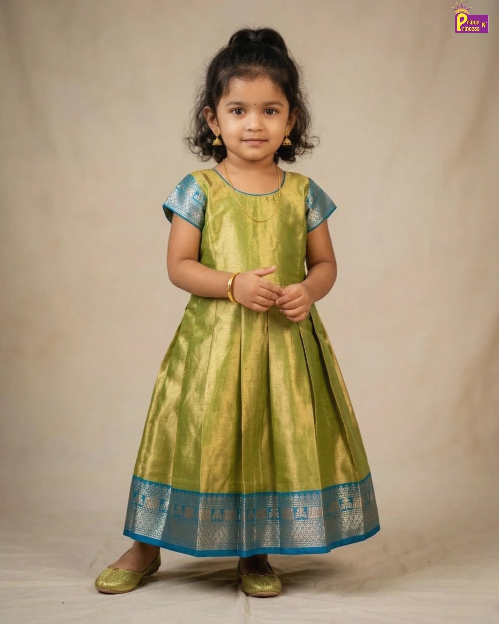 Girls Green Raw Silk Long Gown - U Neck Festive Party Wear | 50% Clearance Sale LDF367 - Prince N Princess