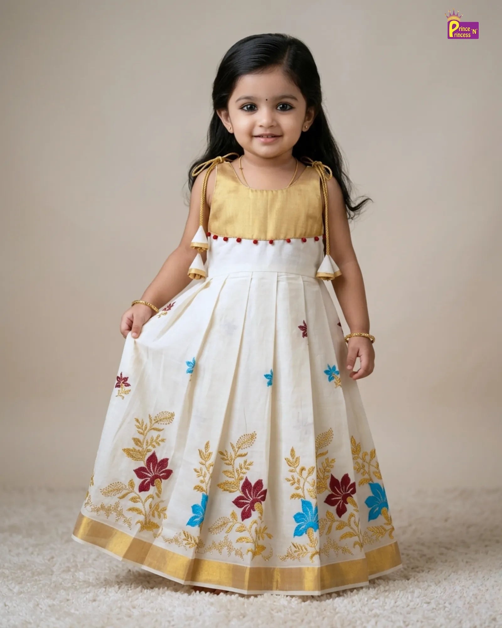 kerala kasavu pattu gown with flower embrodiary work