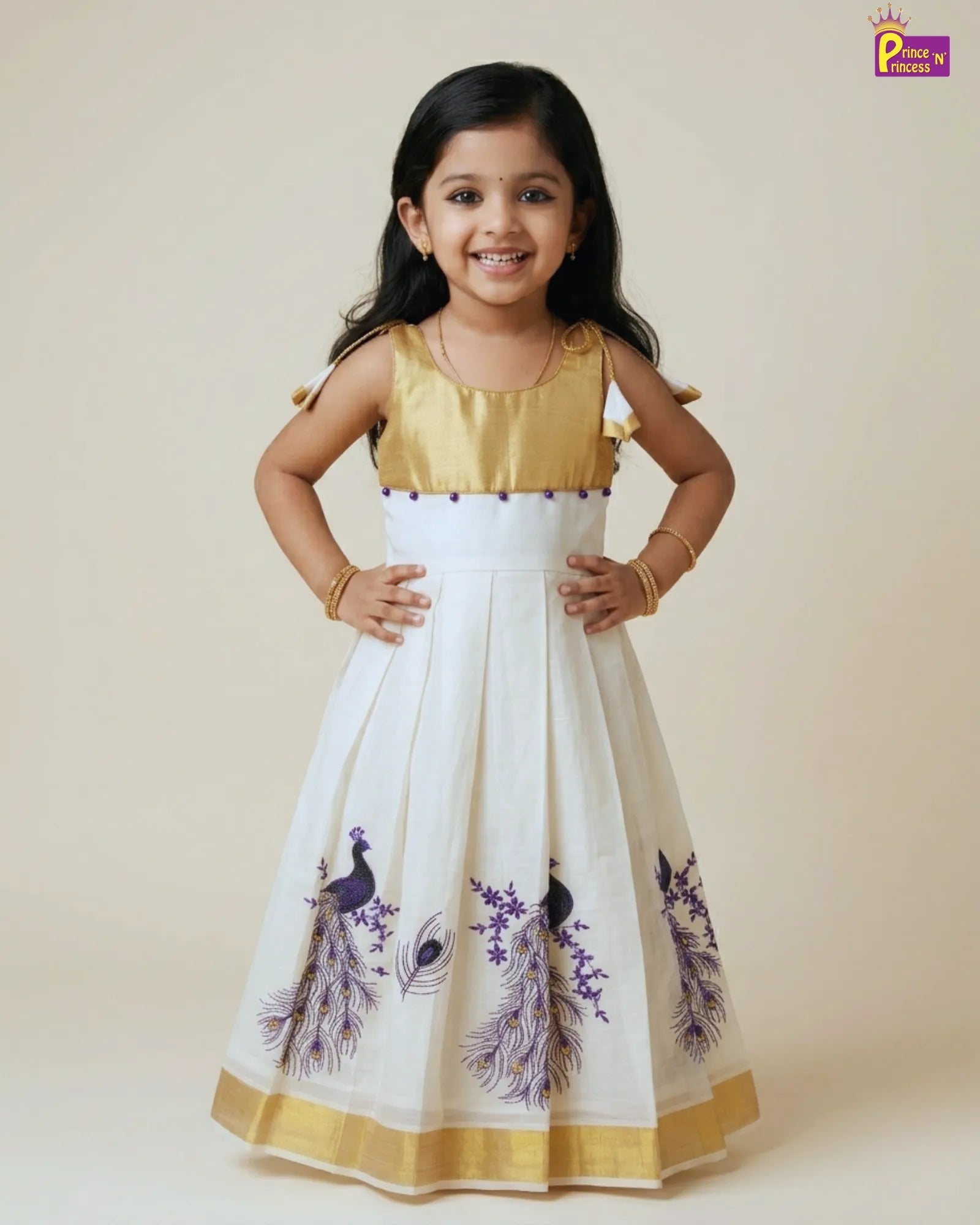 Kerala Kasavu with Golden Long Gown for Girls Prince N Princess Kerala Kasavu with Golden Long Gown for Girls Prince N Princess