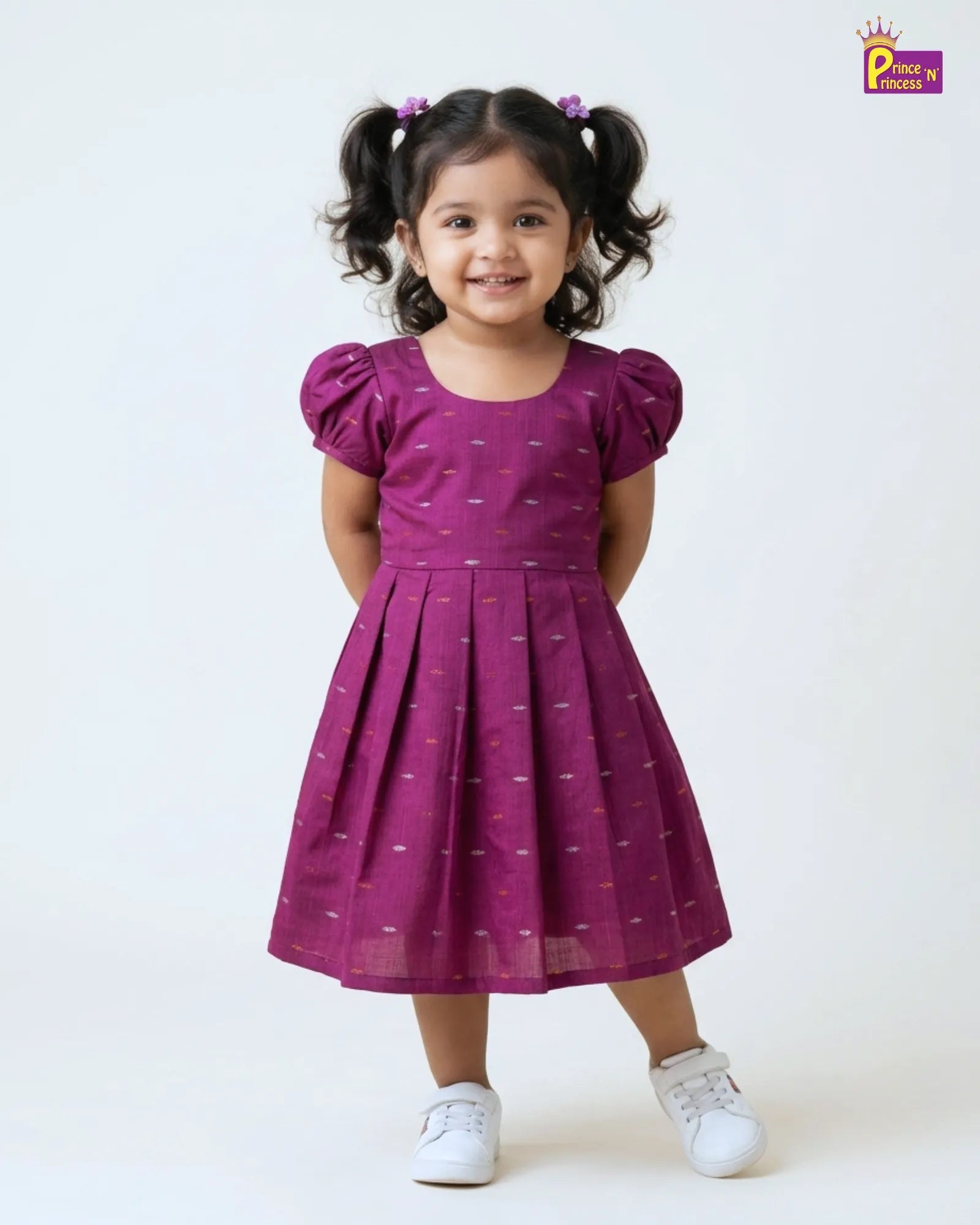 Girls Magenta Printed Cotton Frock – Puff Sleeve Everyday Dress CF432 for kids festival wear