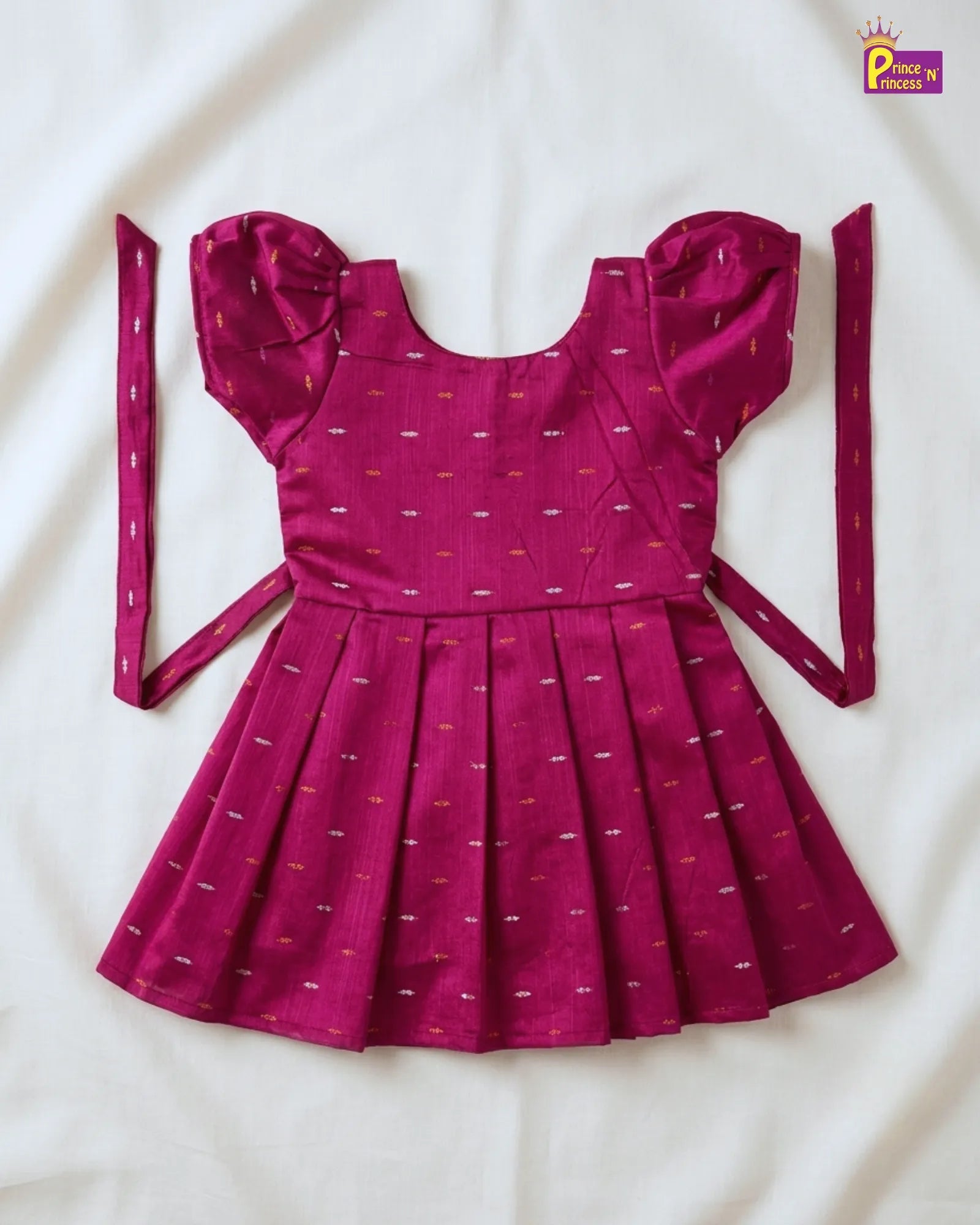 Girls Magenta Printed Cotton Frock – Puff Sleeve Everyday Dress CF432 for kids festival wear