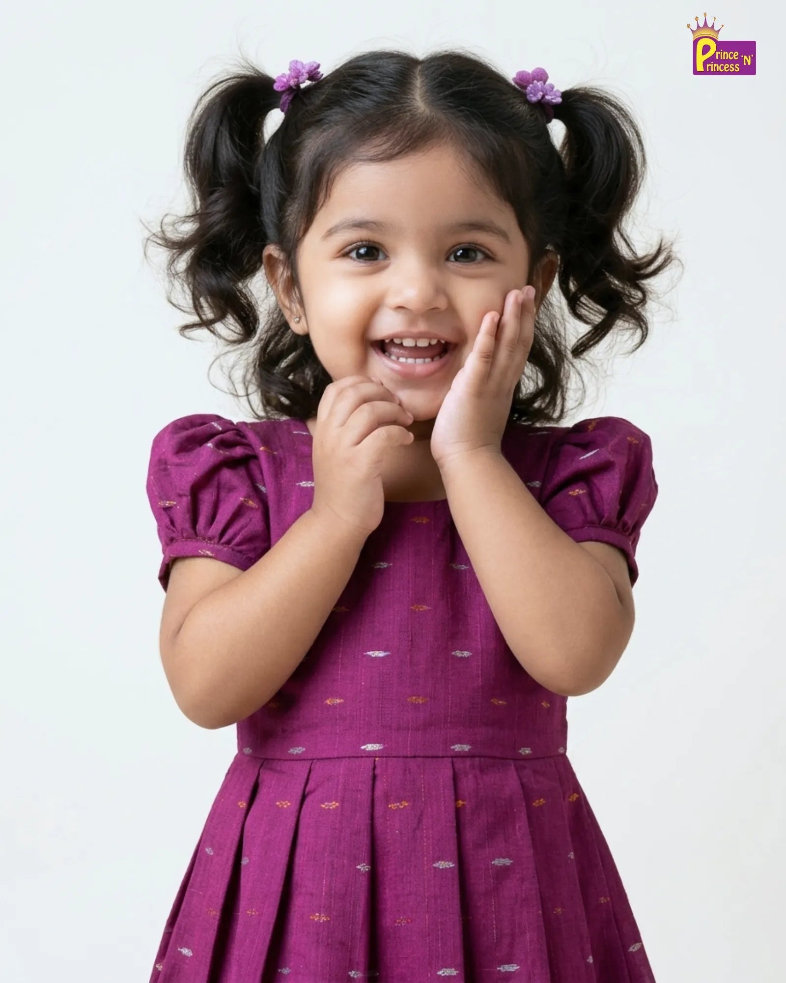 Girls Magenta Printed Cotton Frock – Puff Sleeve Everyday Dress CF432 for kids festival wear