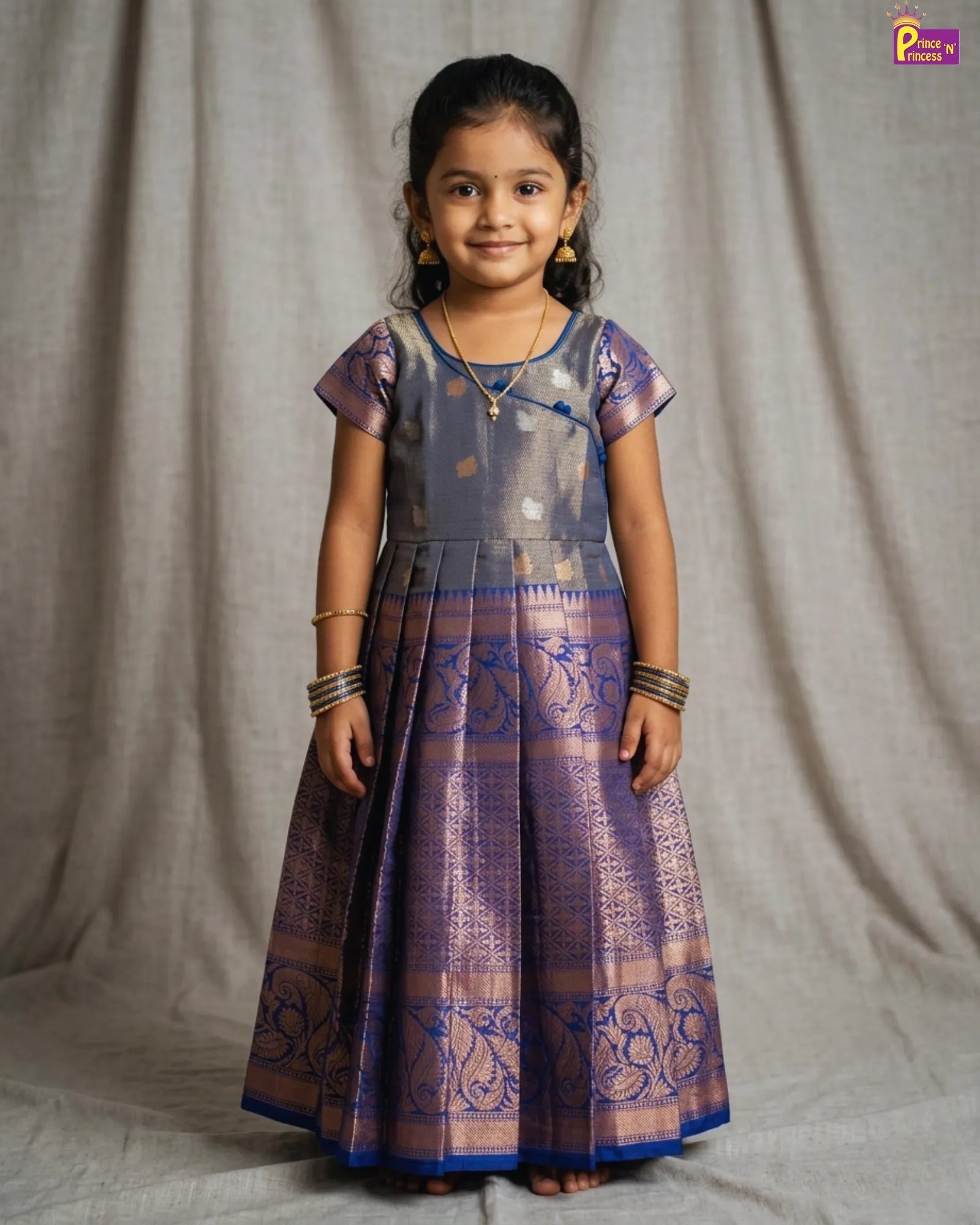 Girls Navy Blue Raw Silk Full Length Gown | 50% Sale PG498 - Prince N Princess