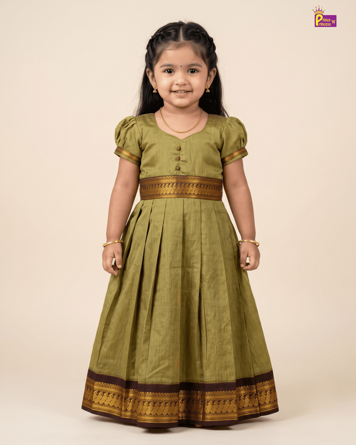 Girls Olive Green Kalyani Cotton Traditional Gown with Zari Border PG744 for kids festival wear