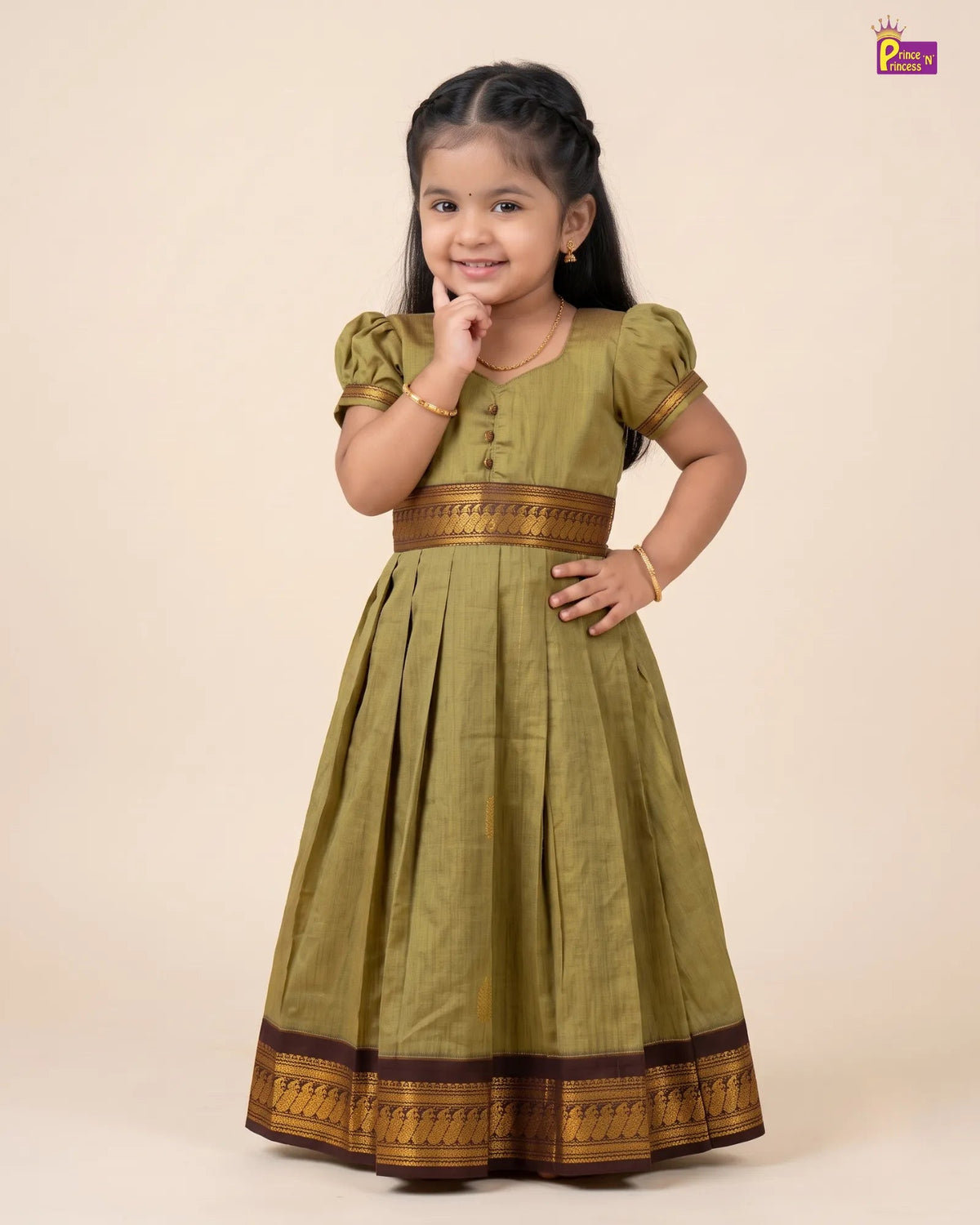 Girls Olive Green Kalyani Cotton Traditional Gown with Zari Border PG744 for kids festival wear