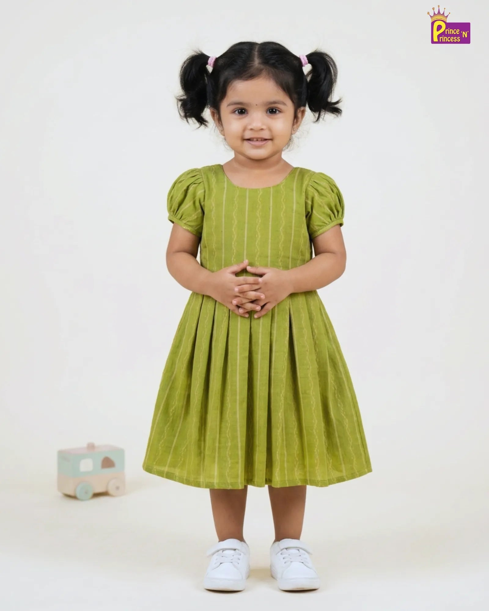 Girls Olive Green Striped Cotton Frock – Puff Sleeve Everyday Dress CF428 for kids festival wear