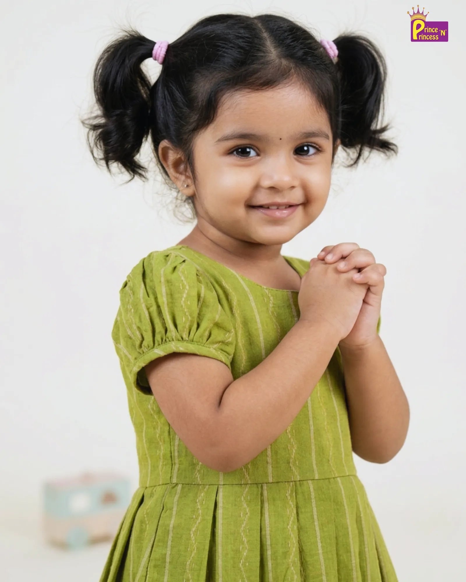 Girls Olive Green Striped Cotton Frock – Puff Sleeve Everyday Dress CF428 for kids festival wear