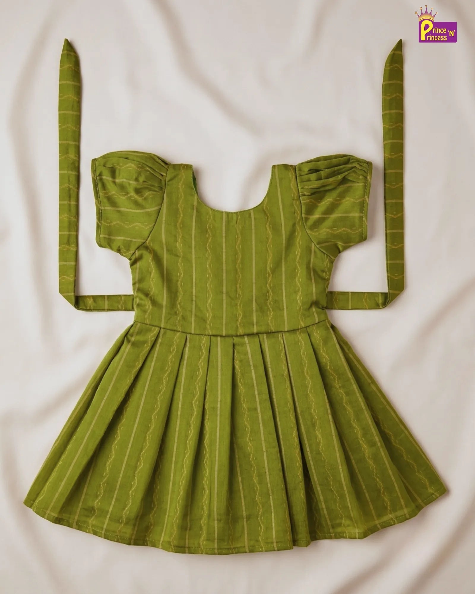 Girls Olive Green Striped Cotton Frock – Puff Sleeve Everyday Dress CF428 for kids festival wear
