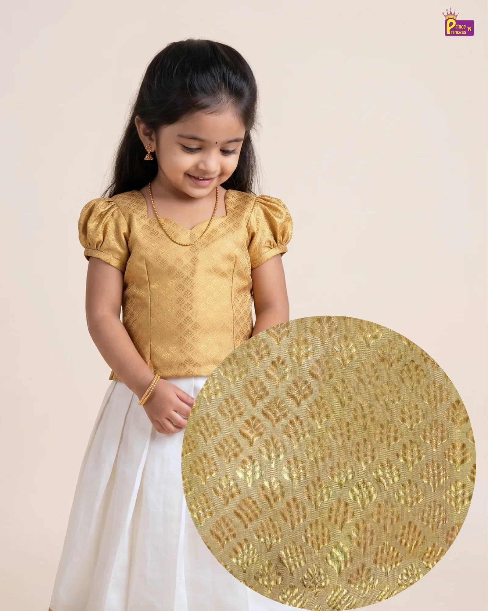 Girls Onam Pattu Pavadai Dress Golden & Cream Kerala Skirt Polyster Mix PPP2114 for kids festival wear